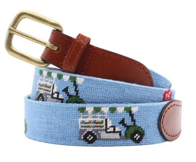 Smathers & Branson Premium Needlepoint Belt - Light Blue Beverage Cart Design - Stylish Preppy Accessory for Men | Perfect for Golf, Yacht Club & Casual Wear