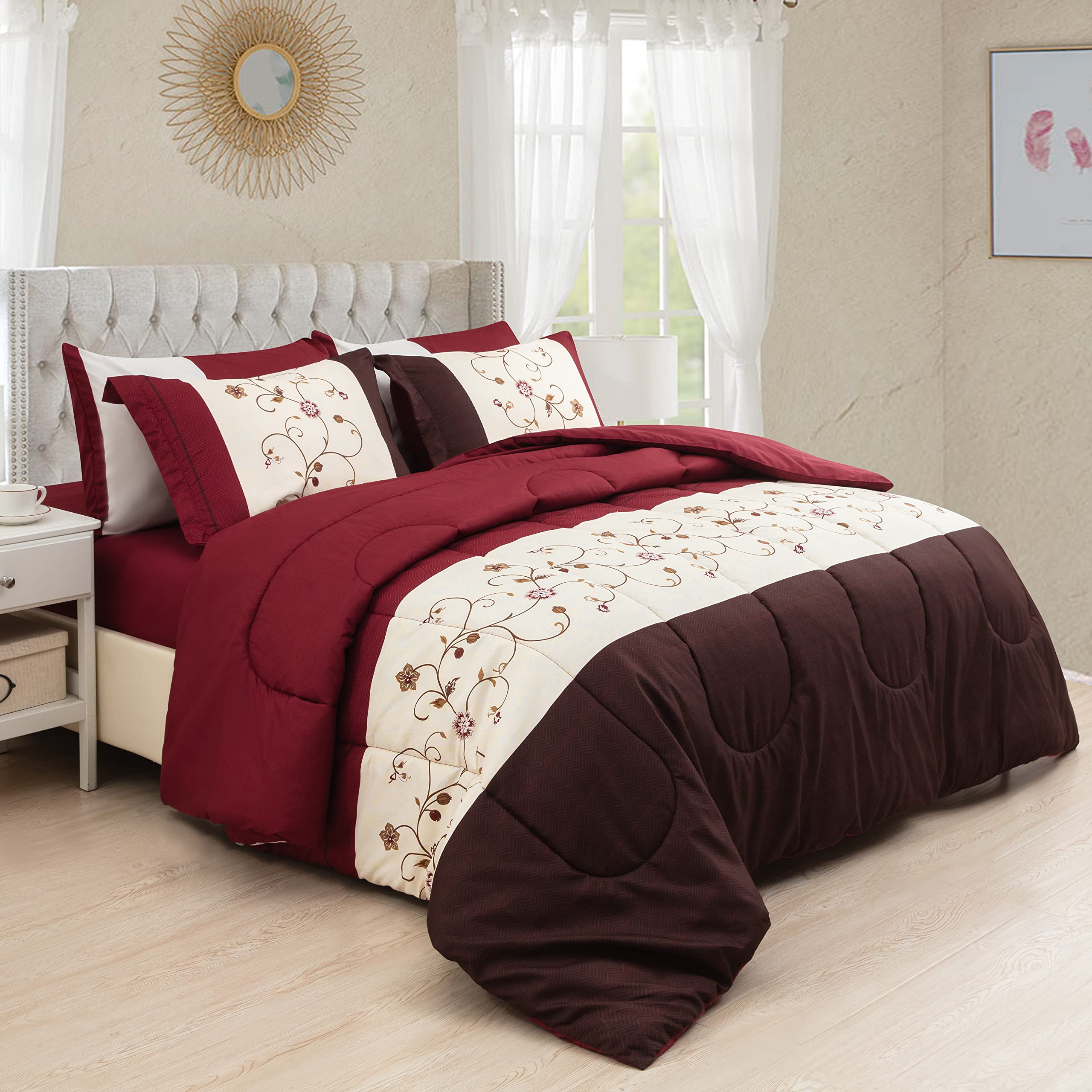 Ultra Soft Luxury Fluffy Goose Down Alternative 5-Piece Comforter Set with 3-Piece Sheet Set - Modern Burgundy Cosmos Floral Pattern, Twin/Single Size for Bedroom Decor | Perfect for Guest Rooms, Dormitories & Cozy Home Styling