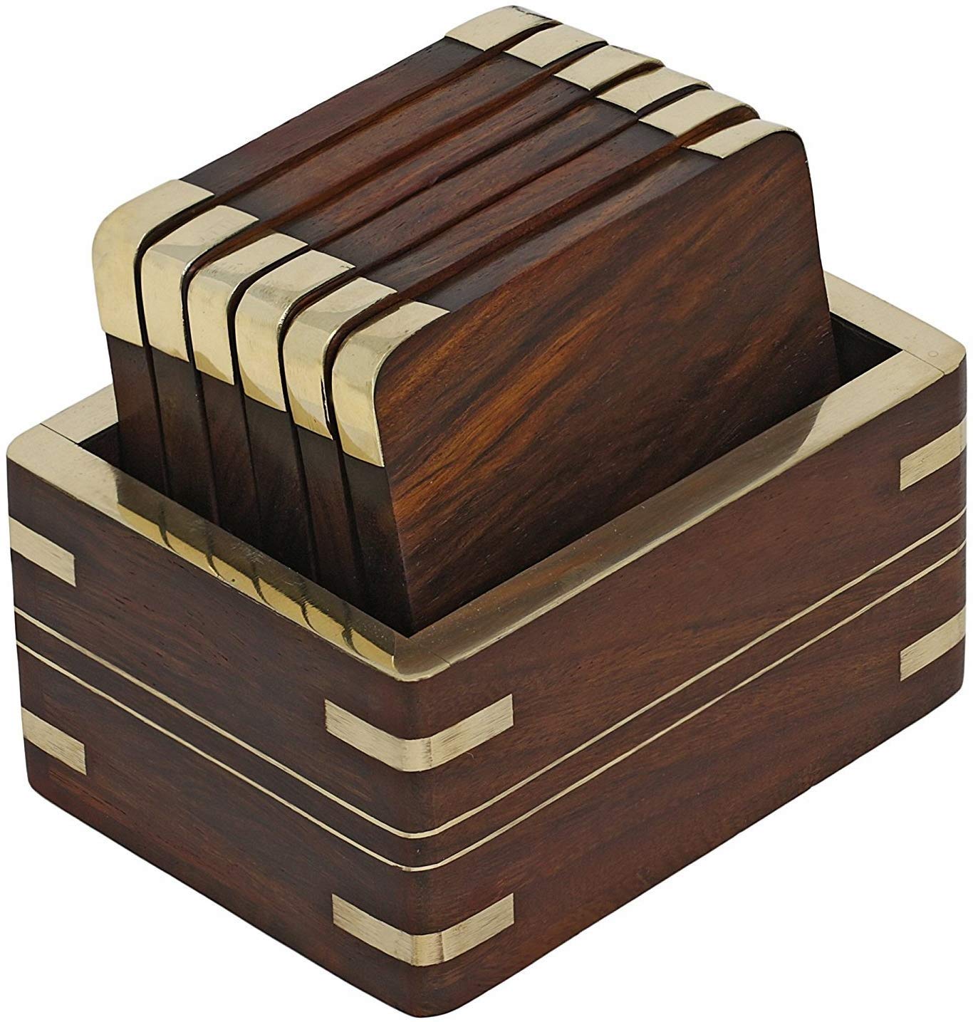 Premium Wooden Drink Coasters Set of 6 - Natural Wood Table Coasters for Coffee, Tea, Beer & Wine Glasses - Elegant Brass Trim Home Bar Accessories - Perfect for Dining Tables, Coffee Shops & Office Desks