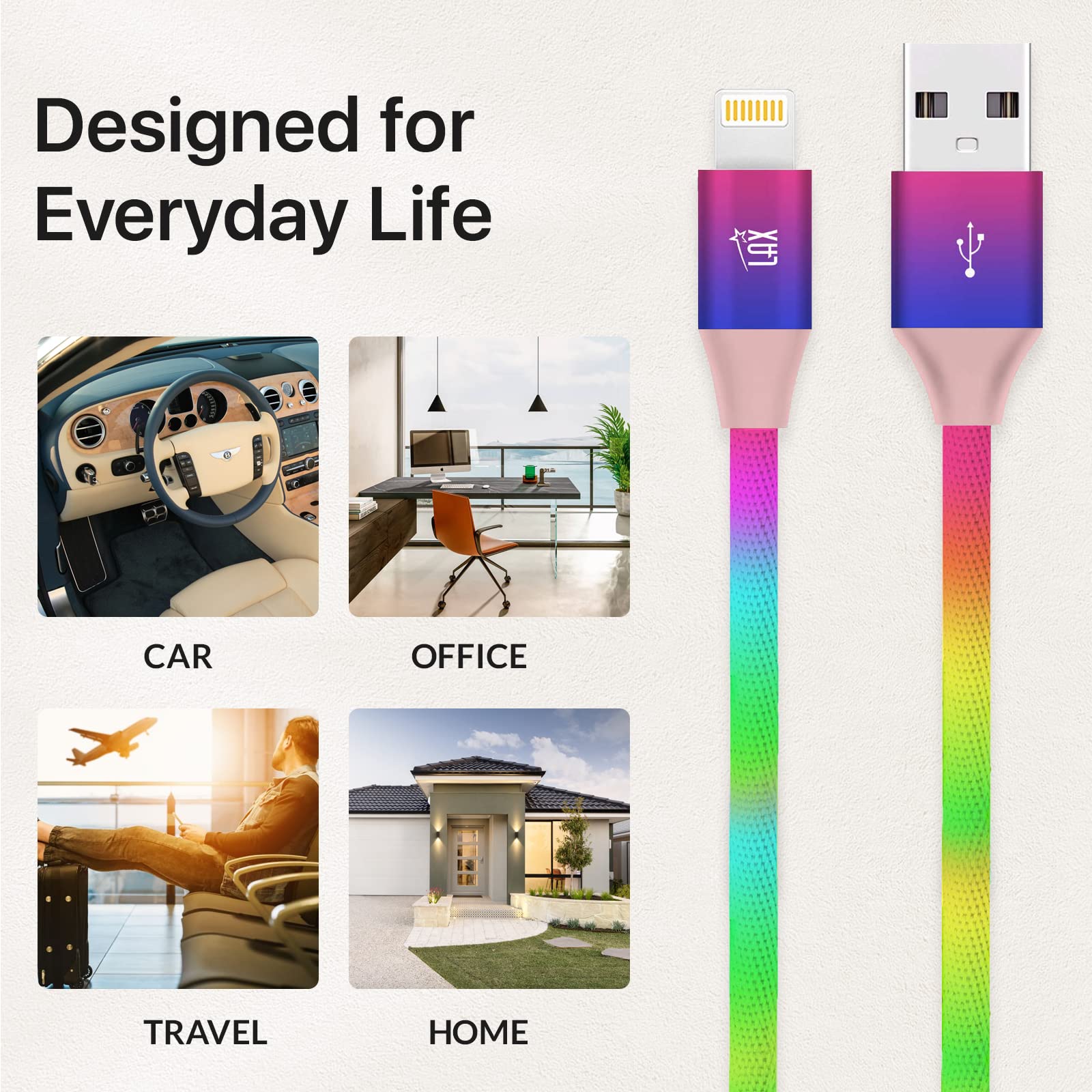 Apple MFi Certified USB A to Lightning Cable - Fast Charging Rainbow Cable for iPhone, iPad, iPod (4FT) | Durable & Reliable for Home, Office & Travel Use