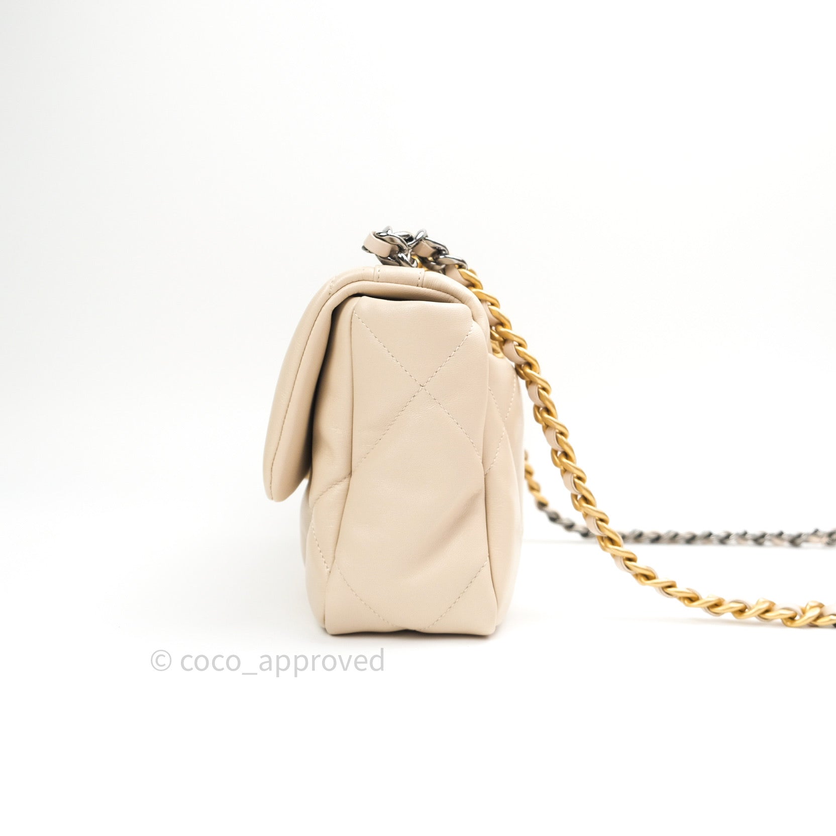 Chanel 19 Small Beige Goatskin Leather Shoulder Bag with Mixed Gold & Silver Hardware - Perfect for Everyday Luxury & Special Occasions