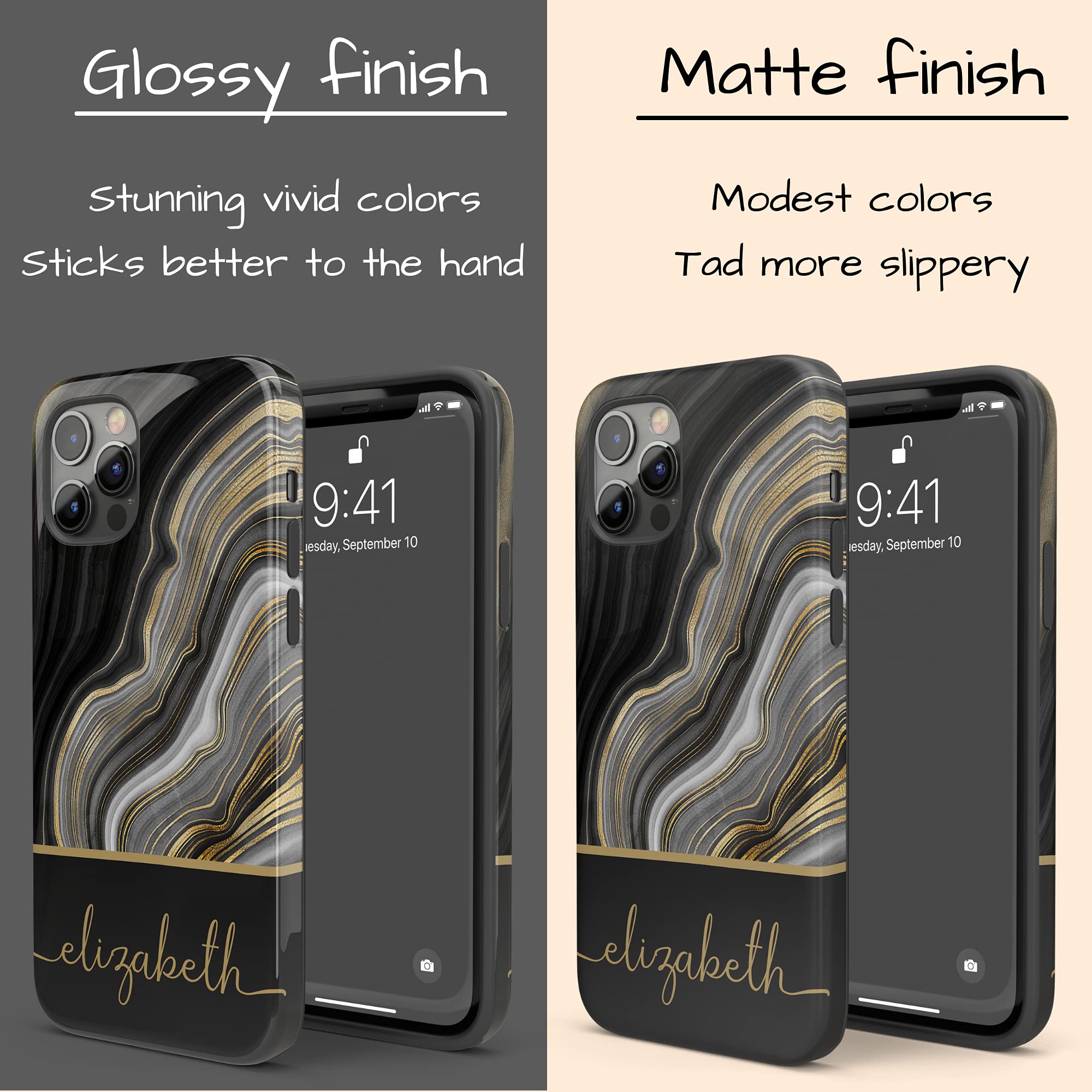 Custom Black & Gold Agate Marble Phone Case - Personalized Name Engraved - Compatible with iPhone 16 Plus/15 Pro Max/14/13 Mini/12/11/X/XS Max/XR/7/8 - Stylish Protection for Work, Travel & Everyday Use