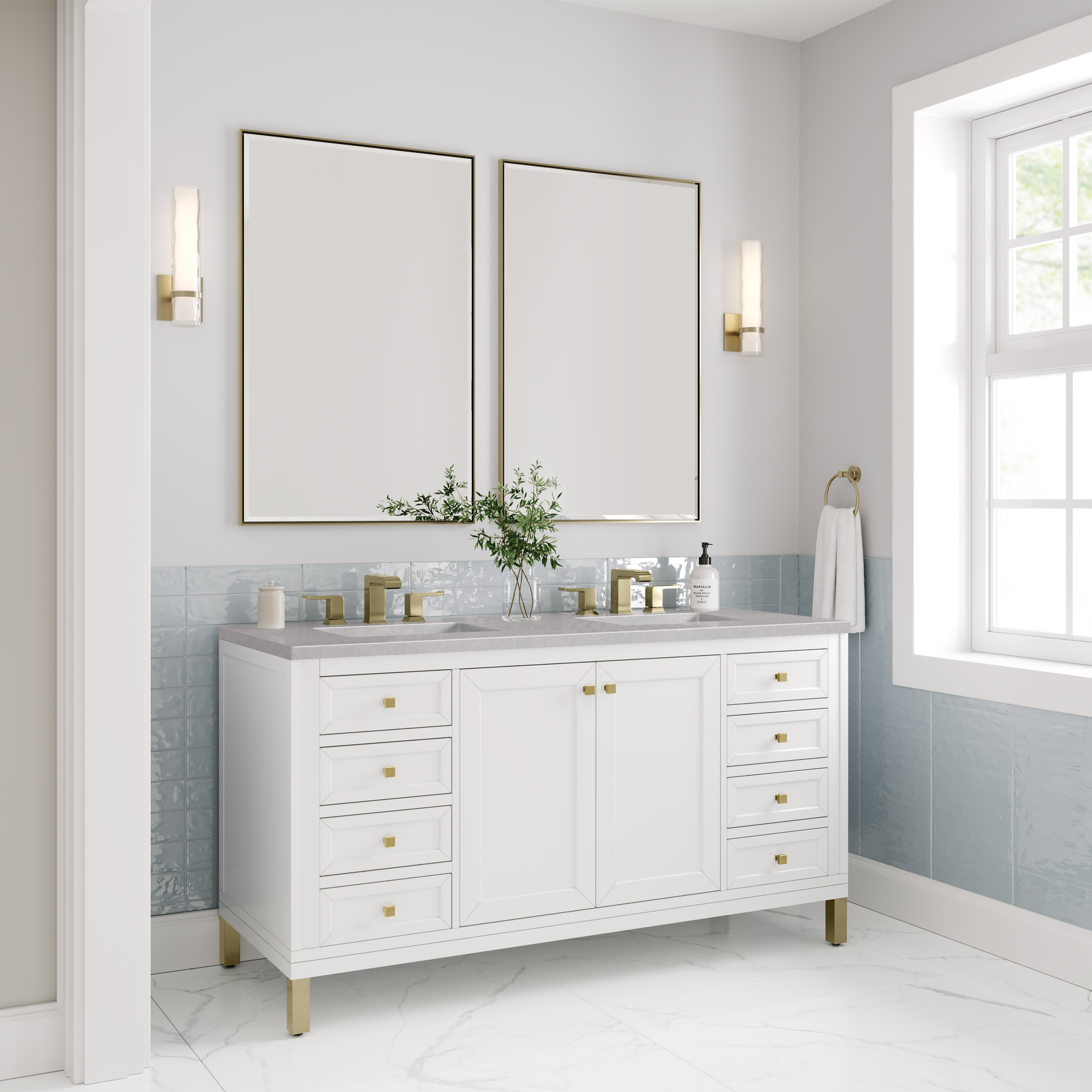Chicago 60 Inch Double Bathroom Vanity with Glossy White Finish & 3CM Eternal Serena Quartz Countertop - Perfect for Modern Master Bathrooms and Luxury Home Renovations