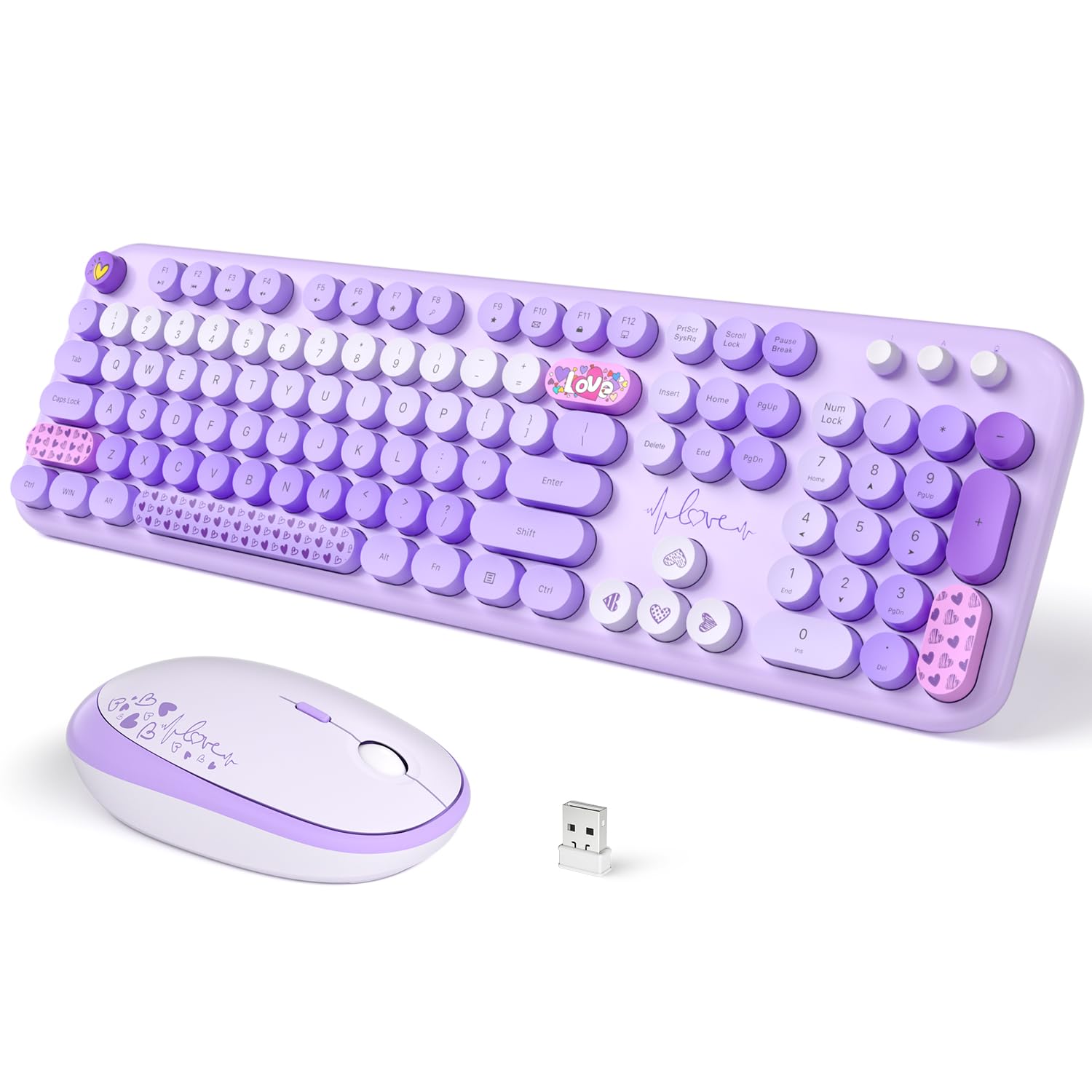 Retro Wireless Keyboard & Mouse Set for Mac/PC - Purple Typewriter Style for Home Office
