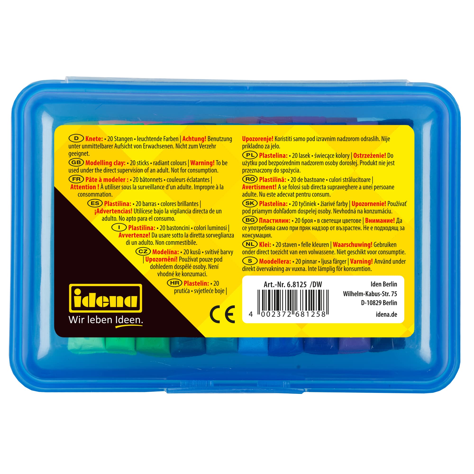 Idena 68125 Modeling Dough Set - 20 Colorful Play Dough Bars in Blue Storage Box for Kids Arts & Crafts, Sensory Play, and Creative Learning Activities