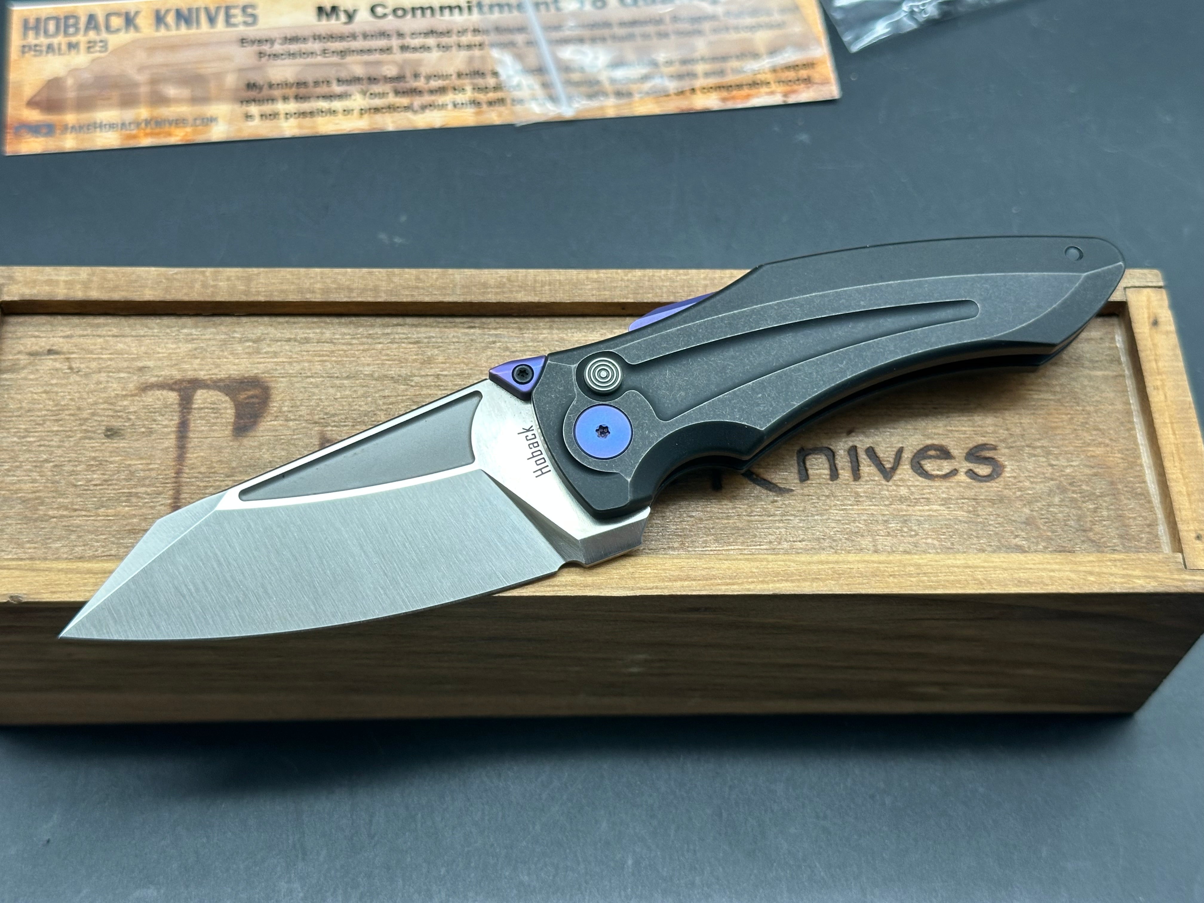 Premium Jake Hoback Sumo Knife - Black Milled Titanium Handle, Purple Hardware, Wharncliffe Blade, Satin Bohler M390 Steel | EDC, Outdoor Survival, Tactical & Everyday Carry