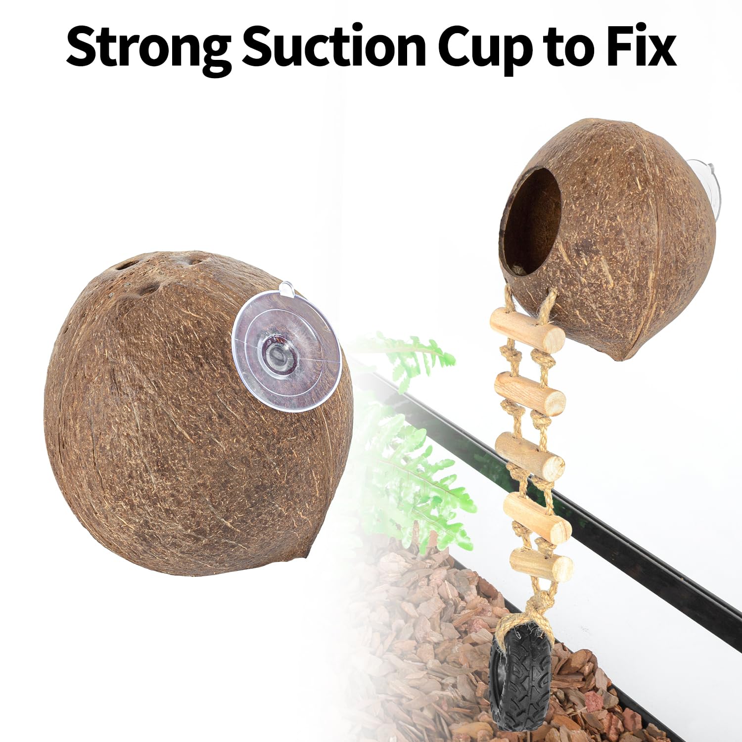 REPTIZOO Hermit Crab Coconut Shell Hideout - Natural Reptile Hide Cave with Ladder for Leopard Gecko, Crested Gecko, Lizards | Terrarium Decor with Suction Cup | Ideal for Climbing, Resting & Habitat Enrichment