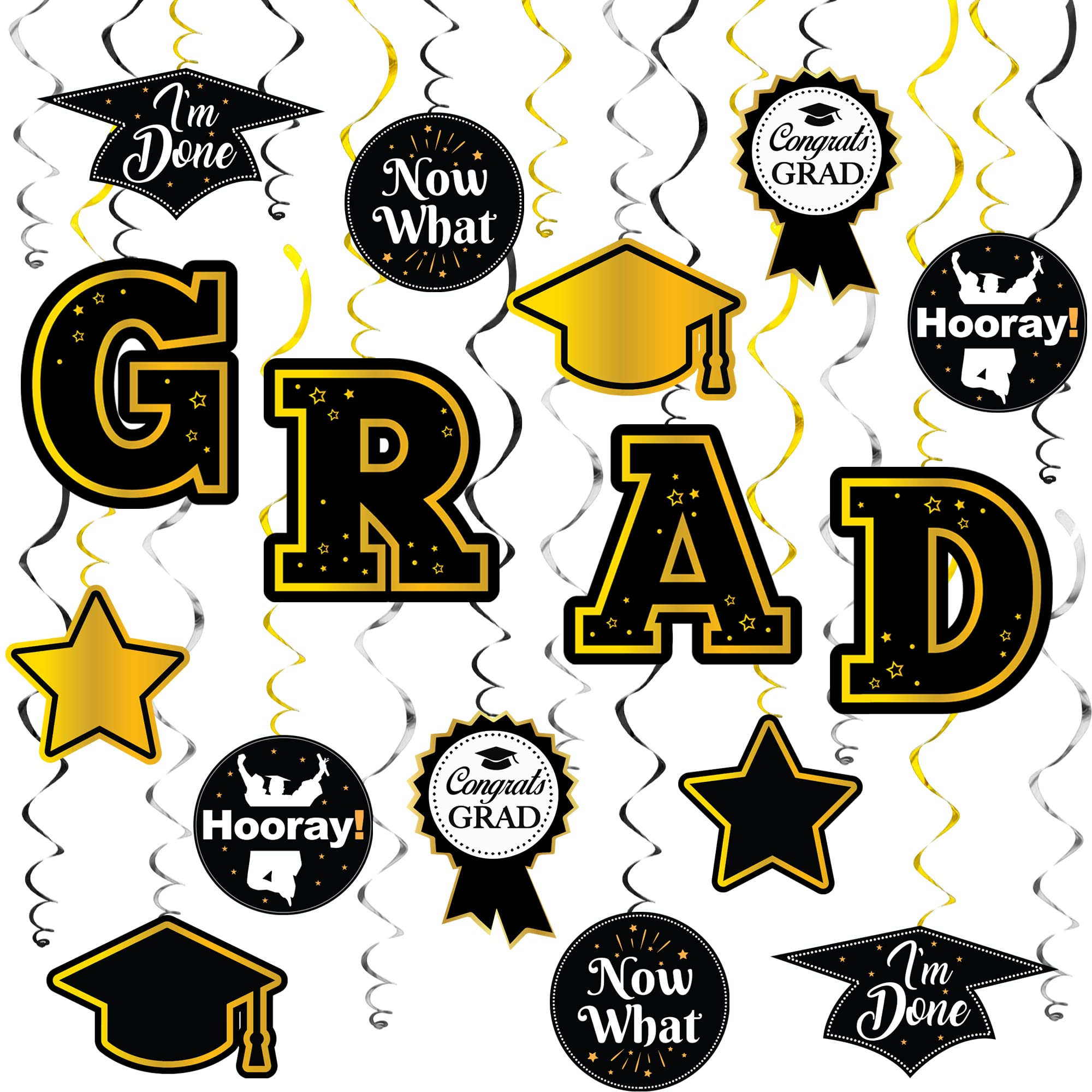 KatchOn Graduation Hanging Swirl Decorations - 35 Pack Black & Gold Party Decor for 2025 Graduation Ceremony | No DIY Required | Perfect for Graduation Parties, School Events & Photo Backdrops