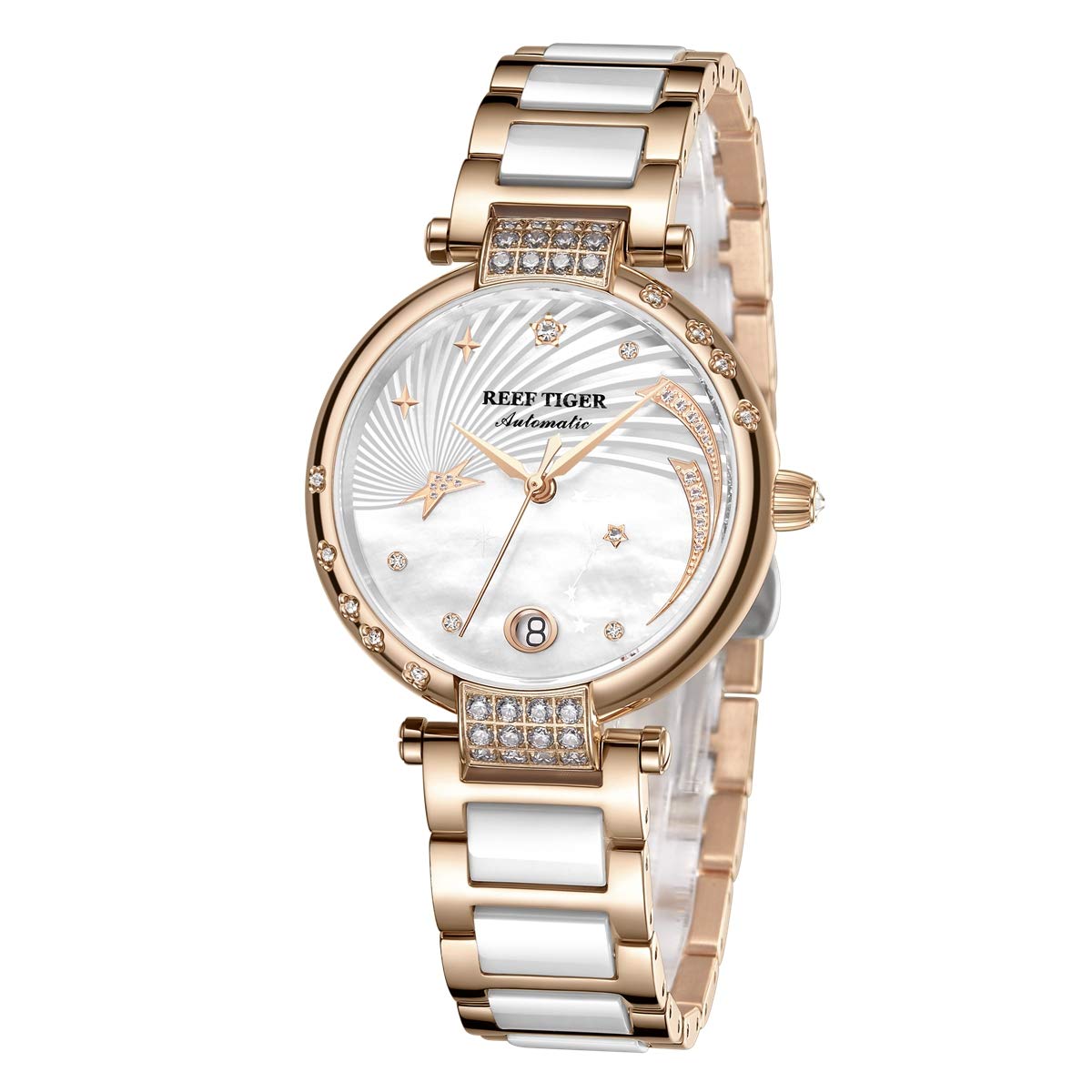 REEF TIGER Luxury Diamond Watch for Women - Automatic Ceramic Band for Elegant Occasions