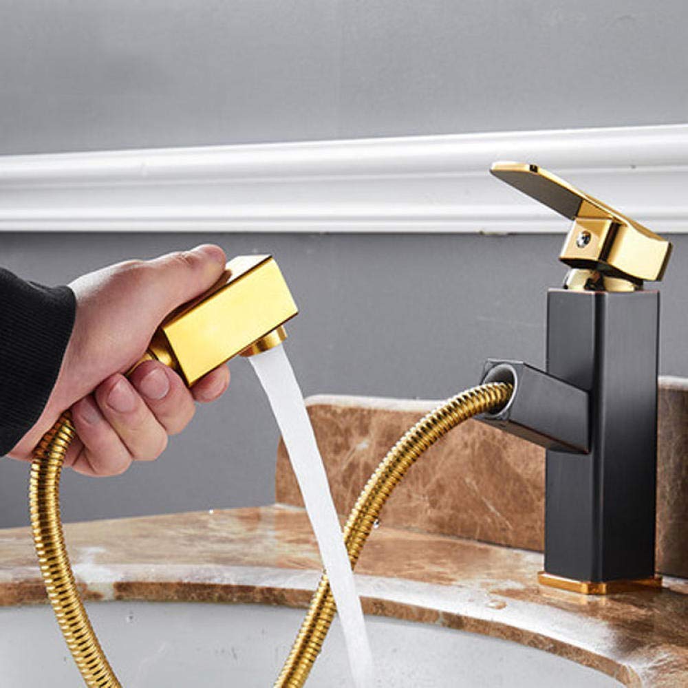 Gold & Black Pull-Out Bathroom Sink Faucet - Deck Mounted Copper Basin Mixer Tap with Hot/Cold Water - Perfect for Modern Bathroom & Vanity Upgrades