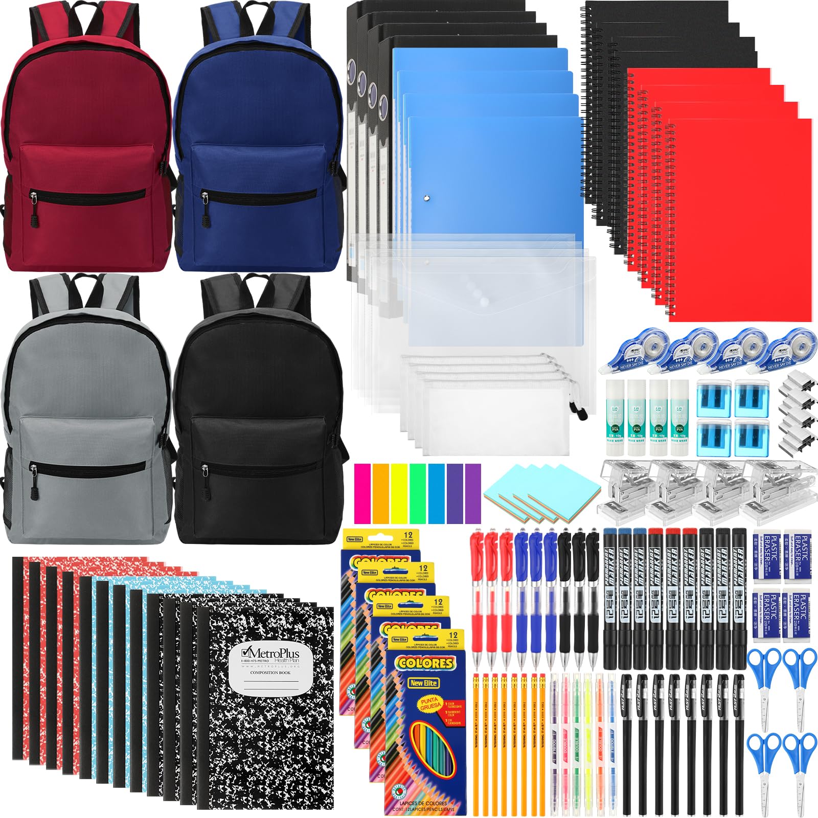 4 Sets Back to School Supplies Kit - 15 Inch Backpack & 66 Pcs Stationery Set for Elementary, Middle & High School Students | Classroom Essentials Bulk Pack | Perfect for School, Study & Homework Organization