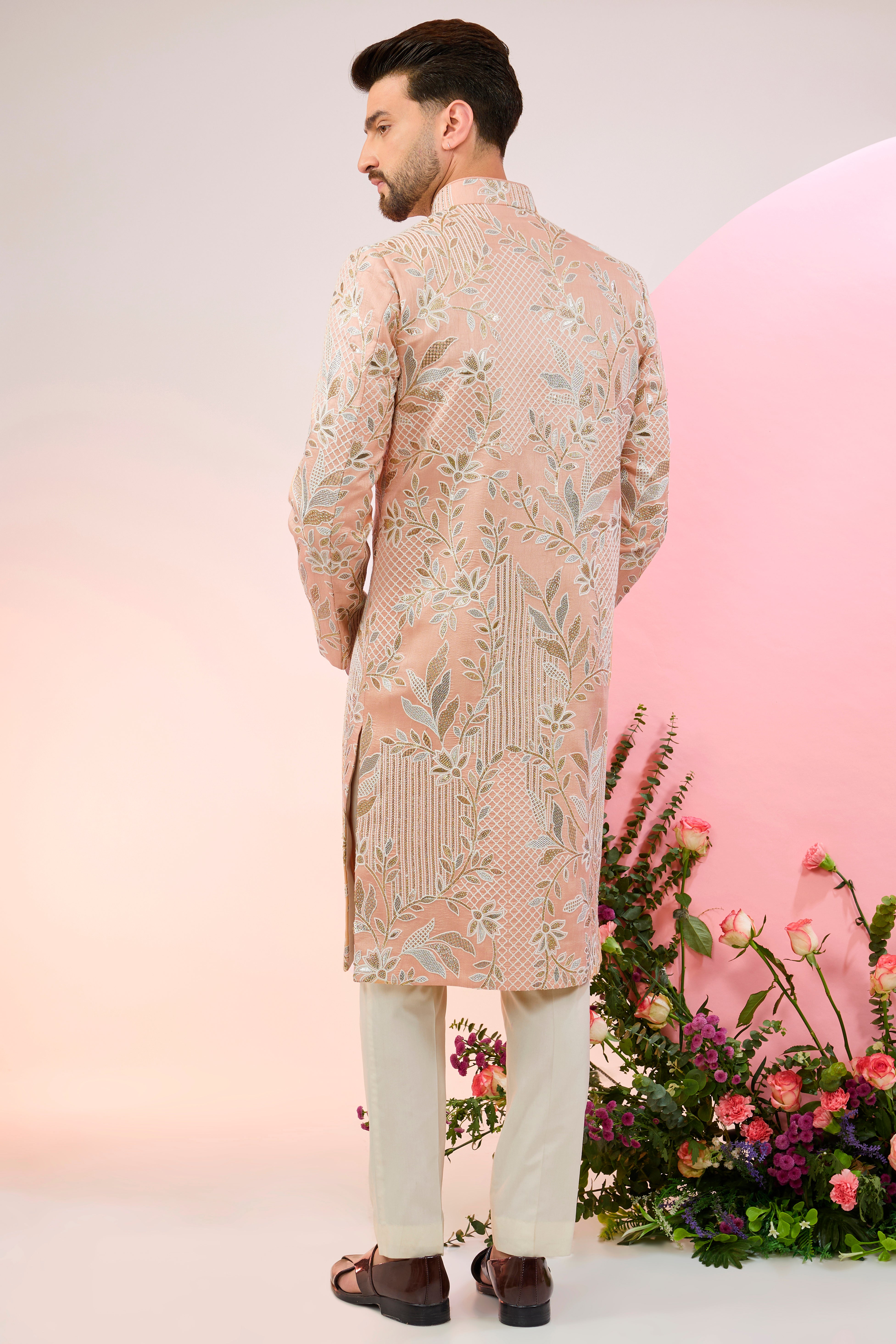 Exquisite Peach Sherwani with Intricate Floral Embroidery & Subtle Sequin Work - Perfect for Weddings, Festivals & Special Occasions