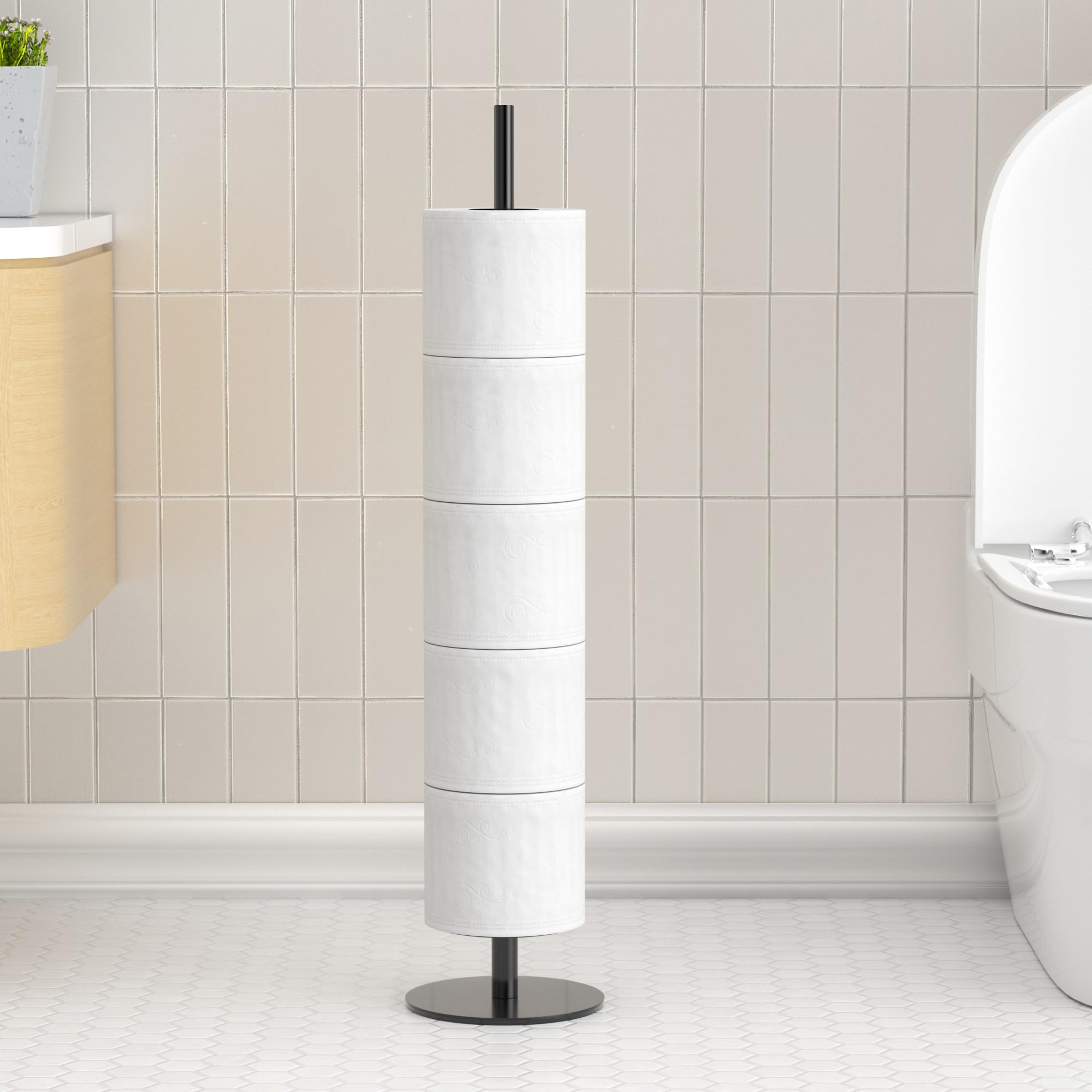 Stainless Steel Freestanding Toilet Paper Holder Stand with Shelf - 5.5CM Holds 5 Rolls - Modern Bathroom Tissue Storage Organizer for Home, Office & RV Use