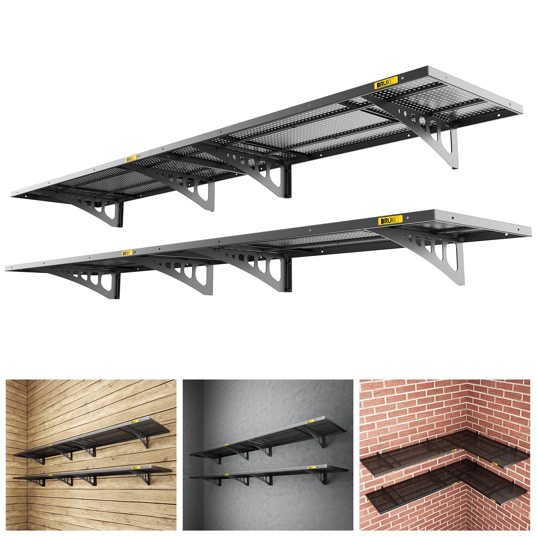 4-Pack 1.64x4ft Adjustable Wall Mounted Floating Shelves - Heavy Duty Garage Storage Racks for Organizing Tools, Kitchenware & Home Decor | Perfect for Garage, Basement, Pantry & Living Room Organization (Black)