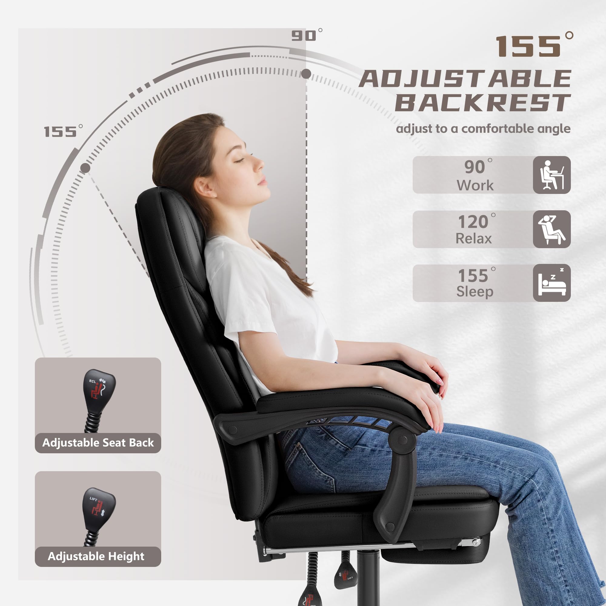 Furmax Ergonomic High Back Office Chair with Footrest - 400lbs Weight Capacity, 90-155° Reclining Leather Executive Desk Chair, Swivel Task Chair with Wheels (Black) - Perfect for Home Office, Gaming & Computer Workstations