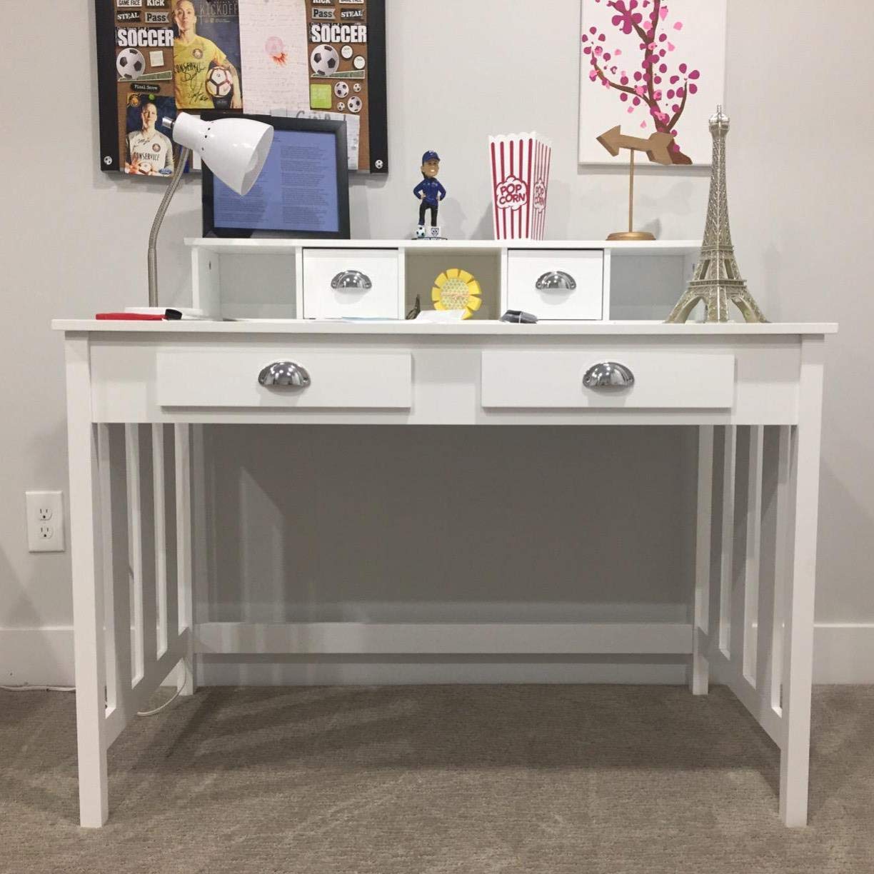 Yaheetech White Writing Computer Desk with Removable Floating Organizer & 4 Drawers - 2 Tier Hutch Workstation for Home Office, Study, Gaming & Workspace Organization