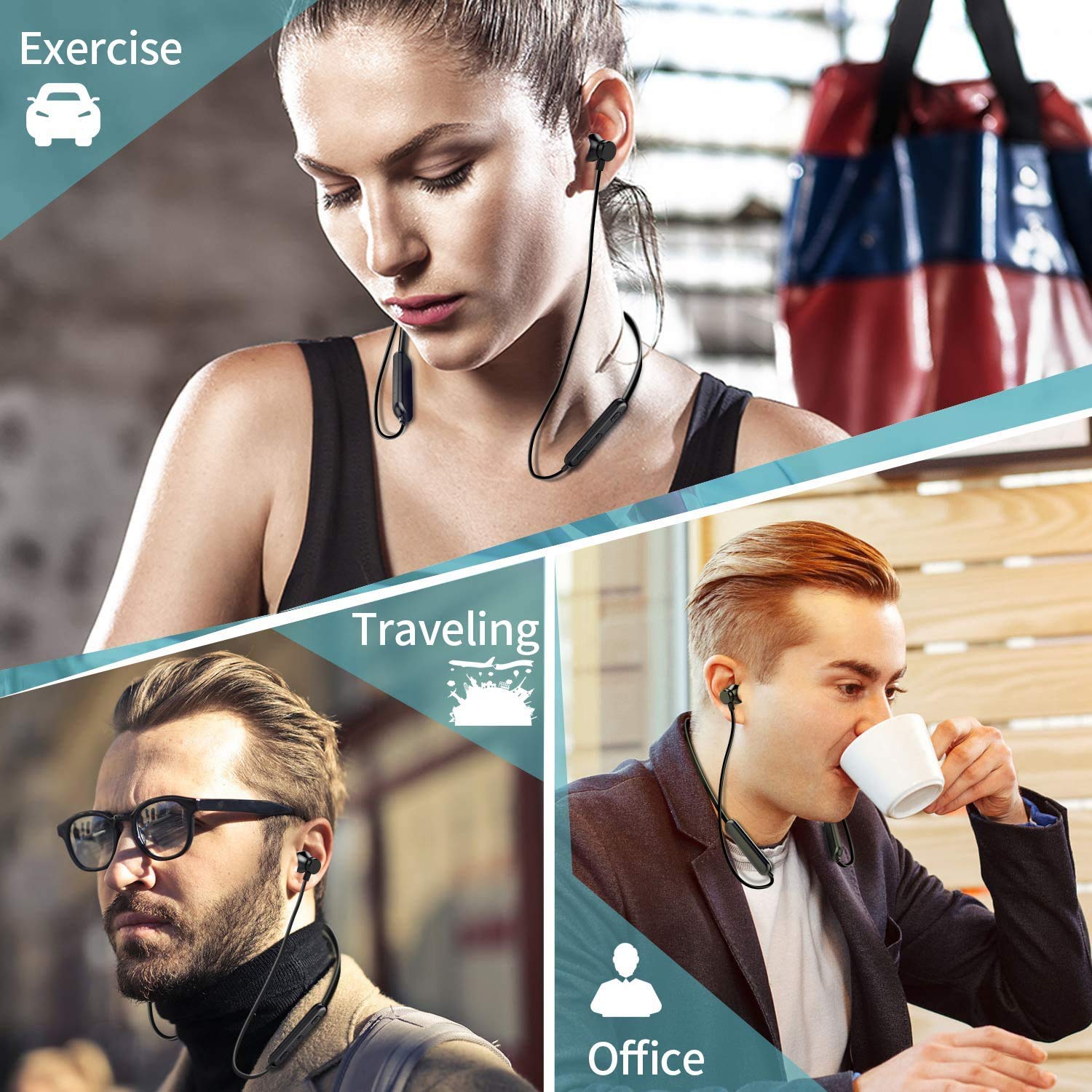 Wireless Bluetooth Headphones with 20Hrs Playtime, V5.0 Neckband Sport Earbuds, Noise Cancelling Mic for Gym Running - Compatible with iPhone Samsung Android - Perfect for Workouts, Commuting & Travel