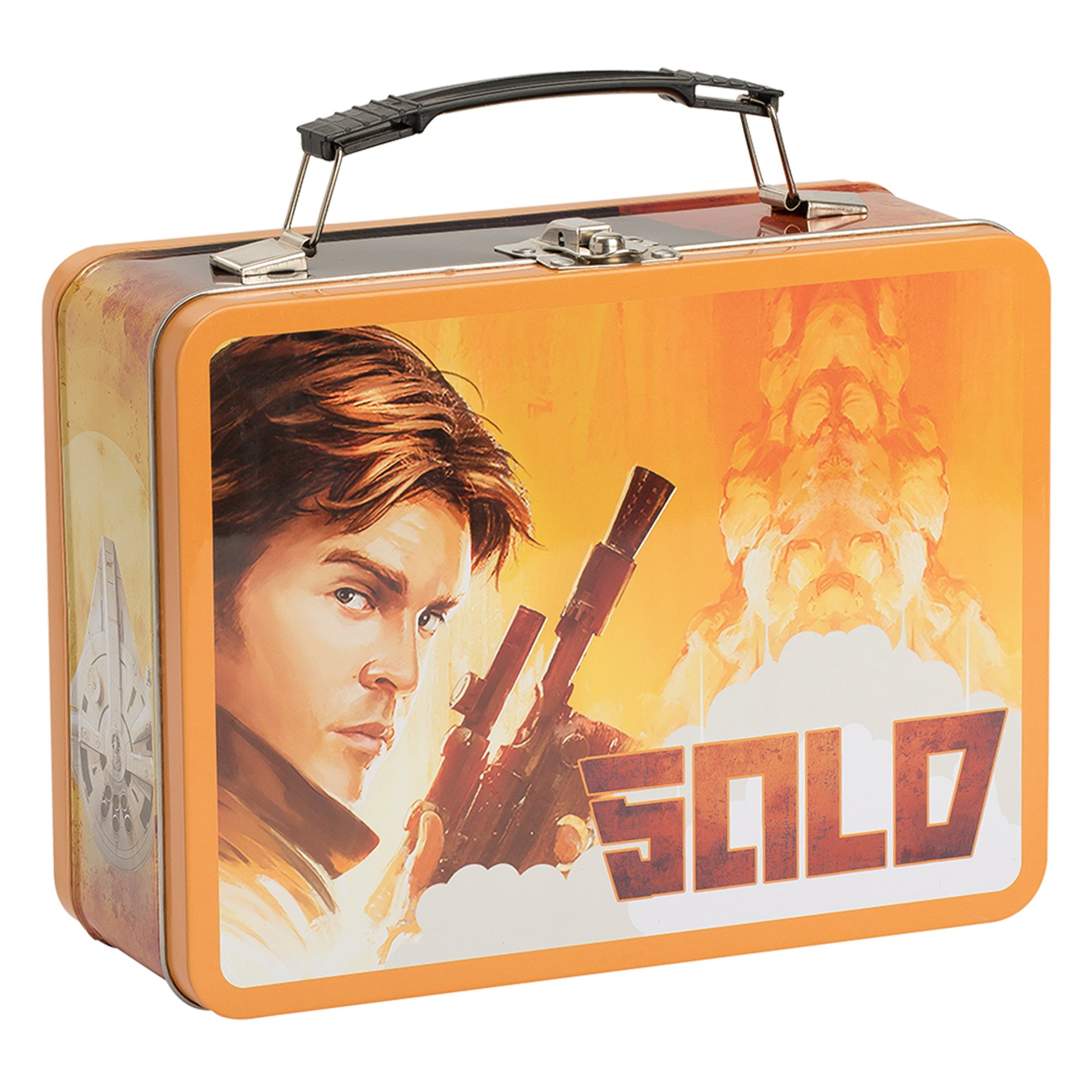 Star Wars Solo Metal Lunch Box with Handle - Vintage Style Tin Tote for Kids & Collectors - 3.5 x 7.5 x 9 Inches Orange Lunchbox - Perfect for School, Picnics & Star Wars Fan Gifts
