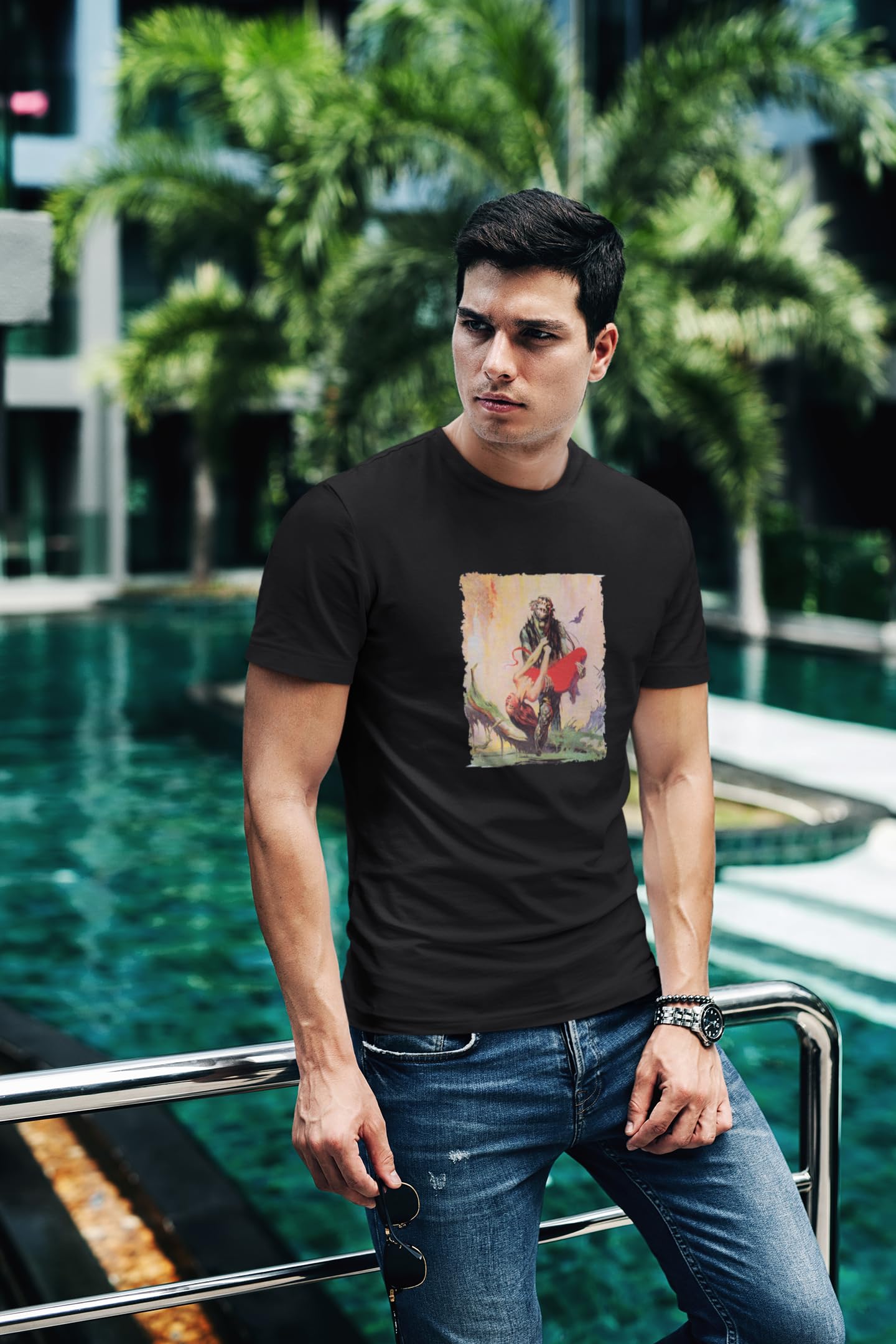 Frank Frazetta Swamp Thing Graphic T-Shirt for Men | Pop Threads Art Tee | Casual Wear, Comic Con & Superhero Fan Apparel