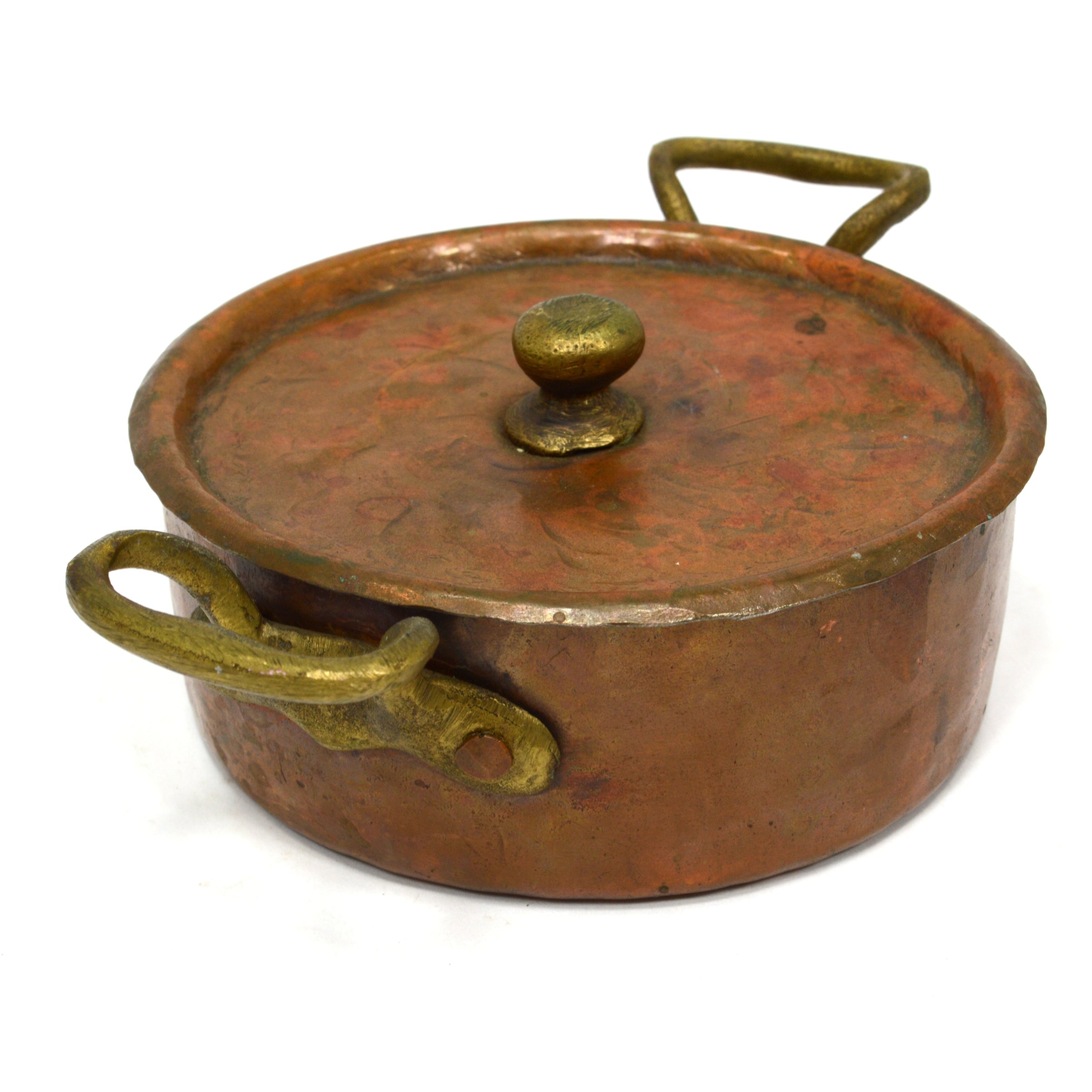 Vintage Copper & Tin Braising Pan - 5 Single Serve Bowls with Lid & 2 Brass Handles | Perfect for Asian Cooking, Hot Pot & Tabletop Serving