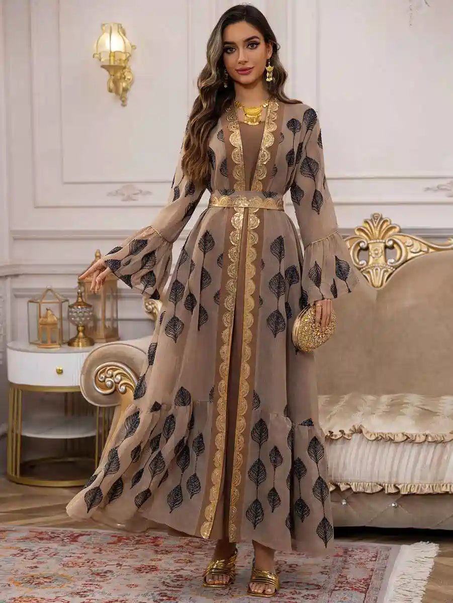Elegant 2-Piece Eid Dress Set with Embroidery - Flowy Caftan Kaftan & Sleeveless Inner Dress #25469 | Perfect for Eid Celebrations, Weddings & Special Occasions