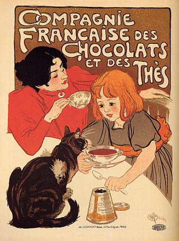 Vintage French Chocolate Poster Canvas Print - Mother & Daughter Cat Illustration - Perfect for Kitchen, Cafe & Chocolate Shop Decor
