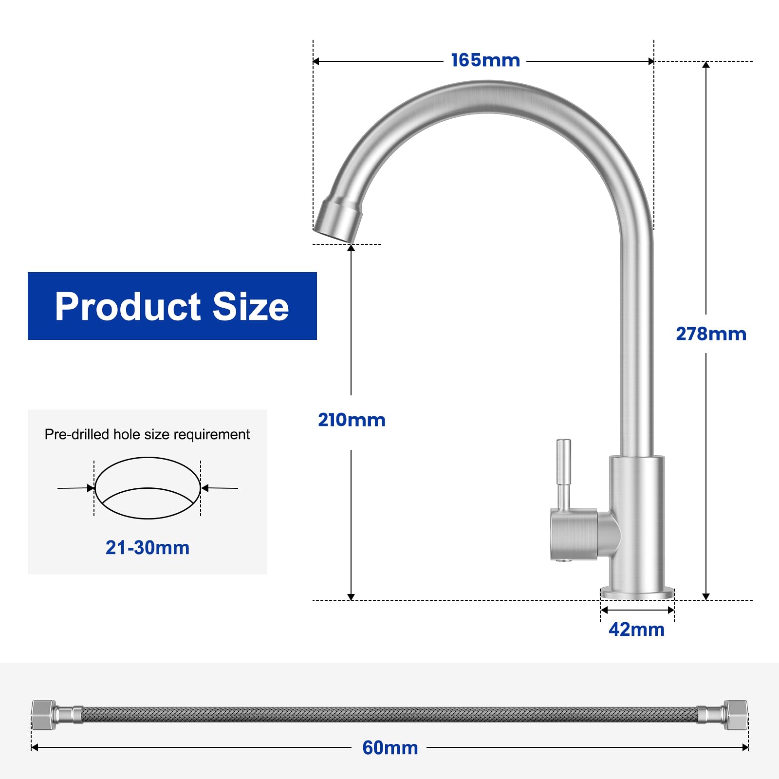 CECIPA Cold Water Only Kitchen Faucet, 304 Stainless Steel Sink Faucet with Swivel Spout, 360° Rotating Kitchen Tap for Home, Outdoor, Garage – Easy Installation (Ideal for RV, Camper, Tiny House)