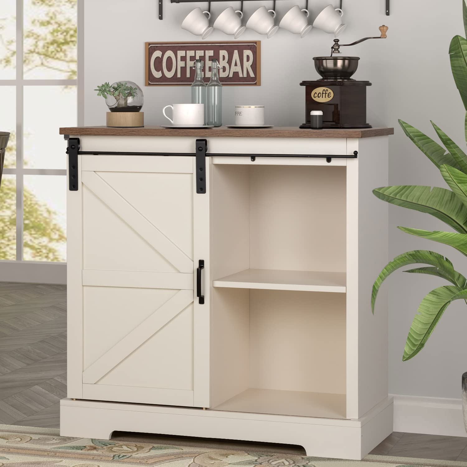Sophia & William Farmhouse Coffee Bar Cabinet - Kitchen Buffet Storage with Sliding Barn Door, Ivory White - Perfect for Dining Room, Living Room & Home Bar Decor