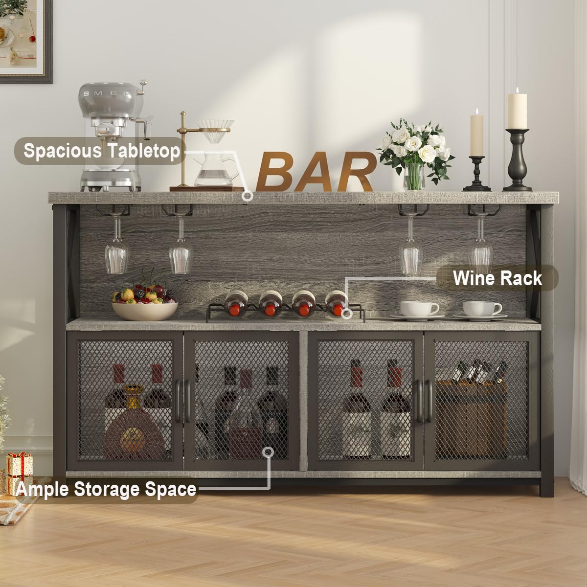 LVB Industrial Farmhouse Coffee Bar Cabinet with Wine Rack Storage - Modern Sideboard Buffet for Liquor, Glasses & Kitchen Essentials - Light Grey Oak 47 Inch for Dining Room, Living Room & Home Bar Decor