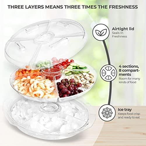 Chef's Star Clear Extra Large Acrylic Appetizer Serving Tray with Lid - 8 Compartment Vegetable & Shrimp Cocktail Dish - Large Iced Food Platter for Breakfast, Lunch, Dinner, Picnics & Parties - Perfect for Entertaining, Buffets & Holiday Gatherings
