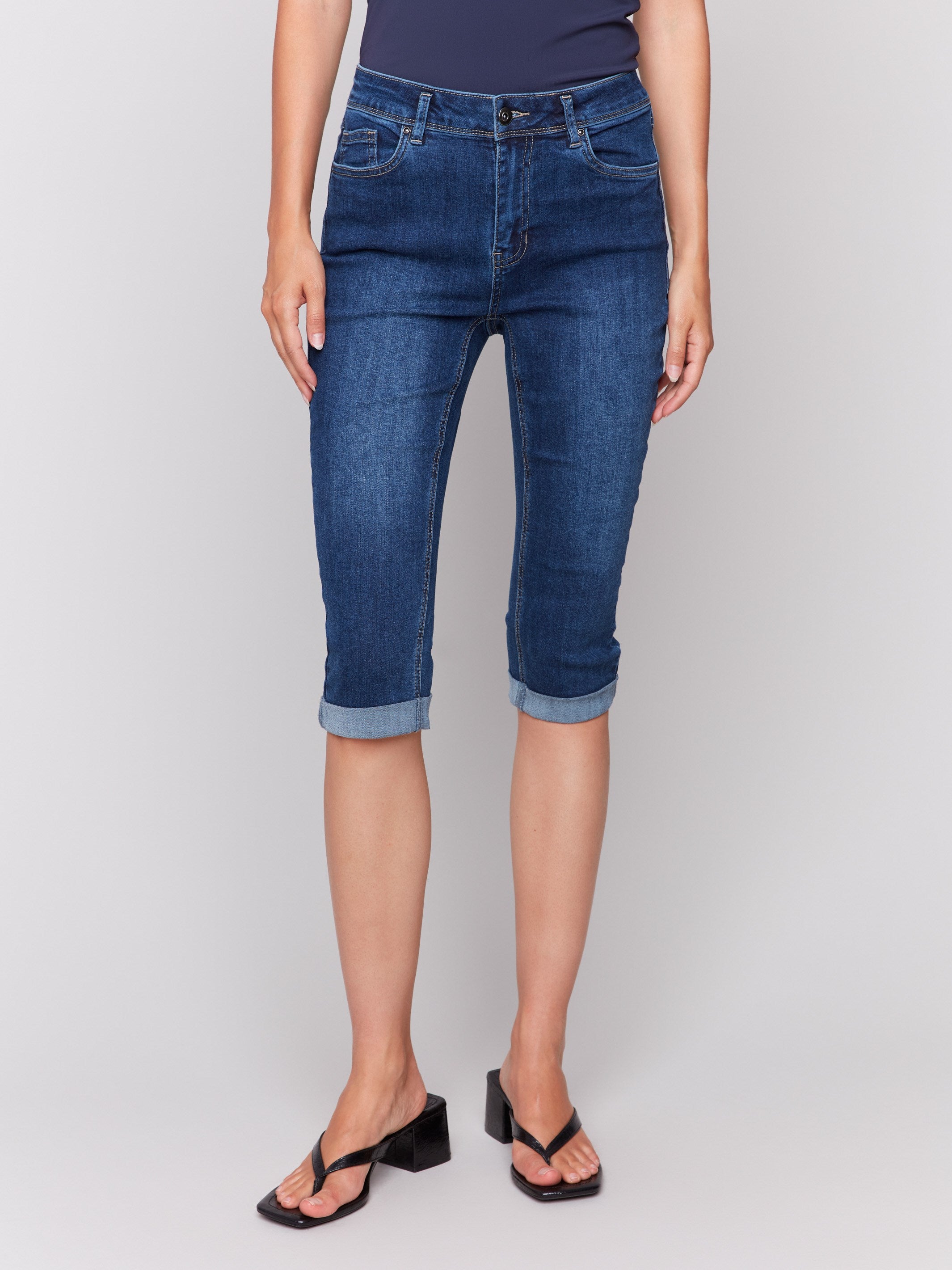 Stretch Denim Pedal Pushers for Women - Comfortable High Waist Indigo Capri Pants - Perfect for Casual Wear, Work, and Outdoor Activities