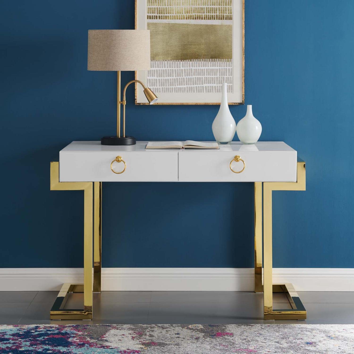 Modway Ring Office Desk - Modern Gold & White Writing Desk for Home Office, Study, or Workspace - Stylish & Functional Workstation for Professionals & Students