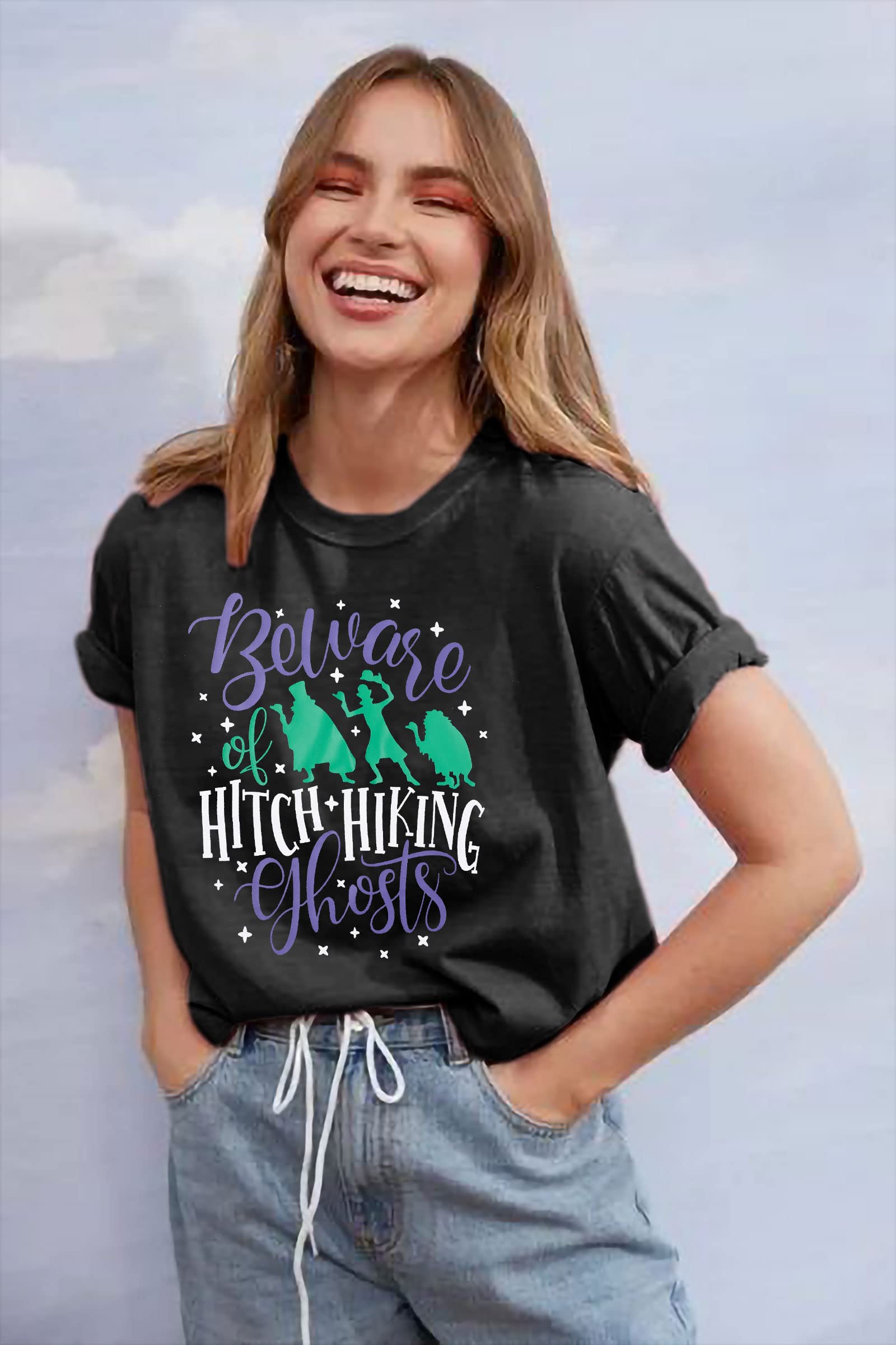 Funny Beware of Hitch Hiking Ghost T-Shirt for Women - Haunted Halloween Short Sleeve Tee - Perfect for Halloween Parties, Costume Events & Spooky Outfits