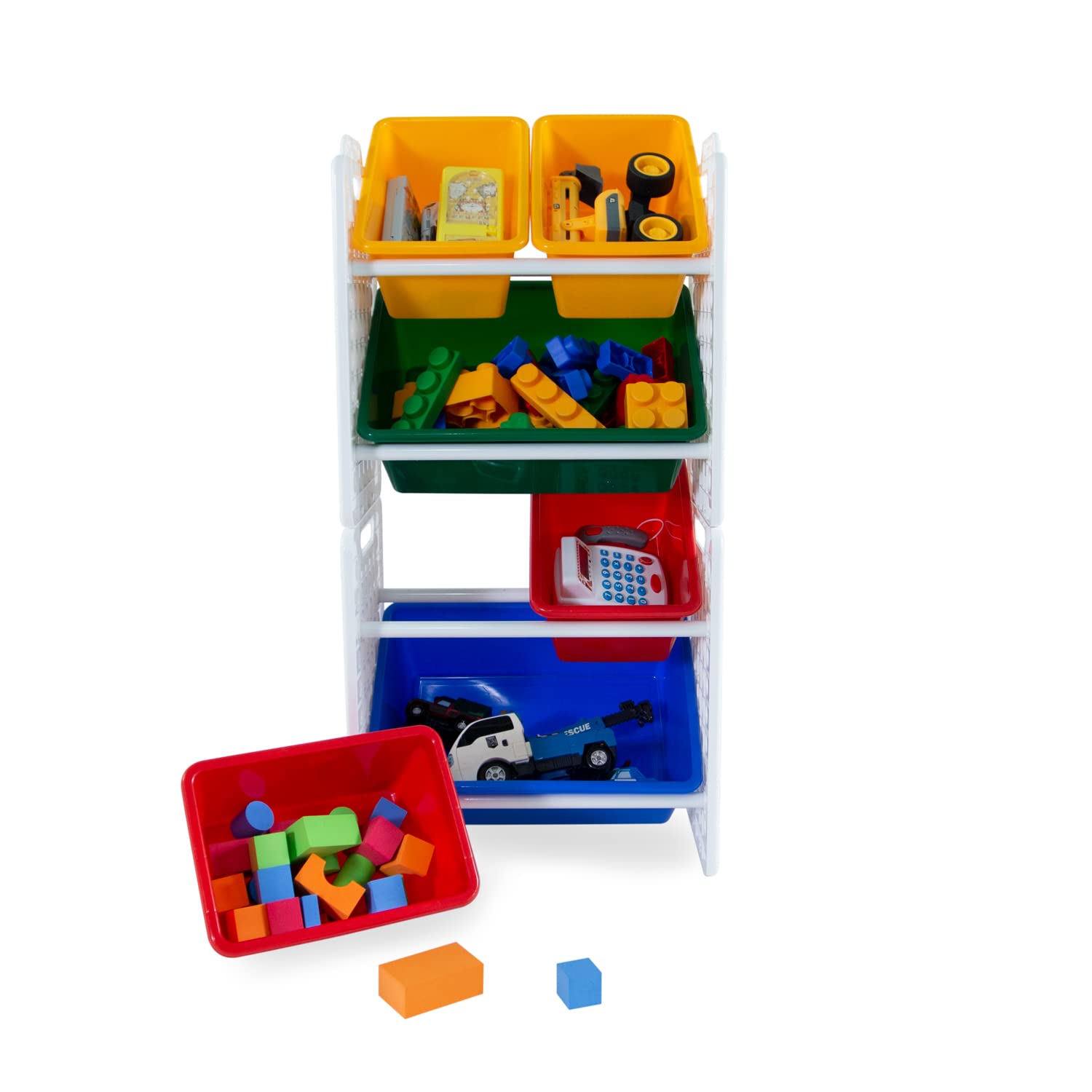 UNiPLAY 6-Bin Toy Organizer with Removable Storage Bins - Kids Bookshelf, Lego Storage, School Supplies Organizer - Sturdy Baseplate Frame (Primary Colors) - Perfect for Playrooms, Classrooms & Home Organization