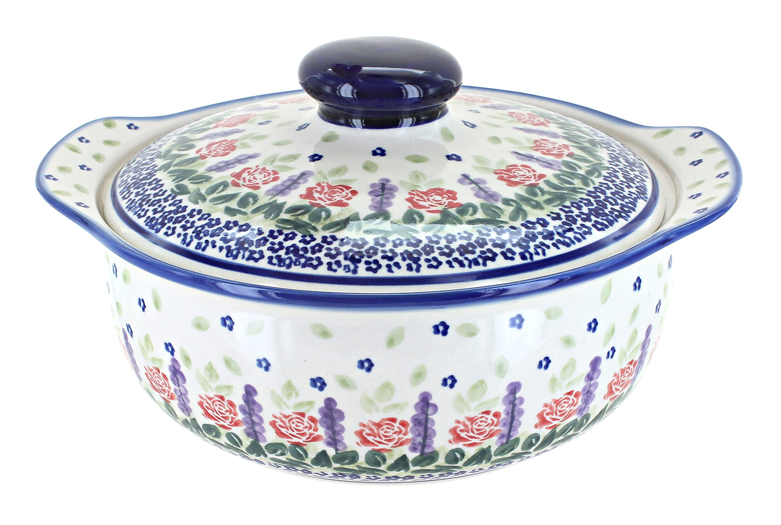 Blue Rose Polish Pottery Round Covered Baker - Handmade Ceramic Baking Dish with Floral Design, Perfect for Casseroles, Bread & Desserts | Ideal for Holidays, Dinner Parties & Gift Giving