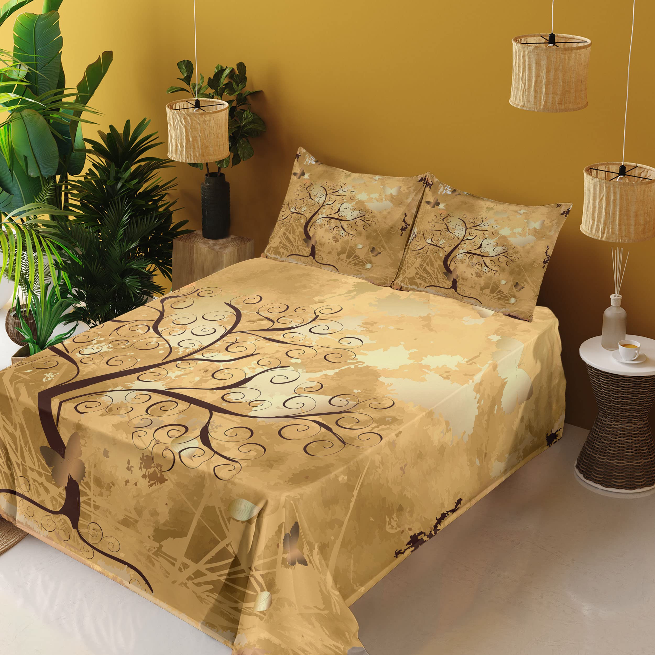 Ambesonne Tree Sheet Set 4-Piece - Grunge Style Swirled Branches & Butterfly Silhouettes - King Size Brown & Pale Brown Bedding - Fitted & Flat Sheets with Pillowcases - Perfect for Boho & Nature-Inspired Bedrooms