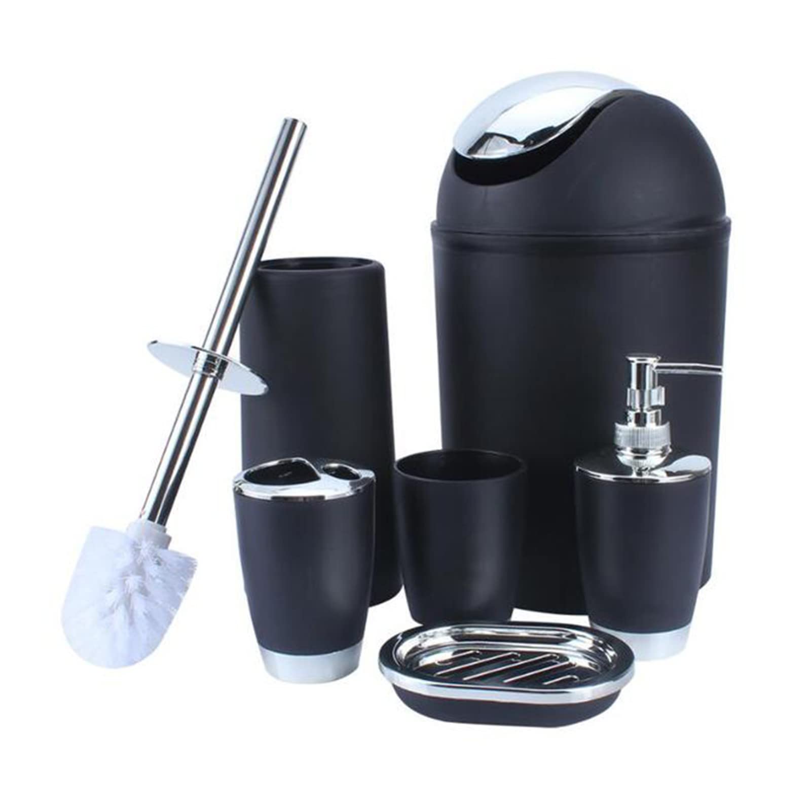 6-Piece Modern Bathroom Accessories Set - Toothbrush Holder, Soap Dish, Dispenser, Tumbler & Toilet Brush - Black | Space-Saving Organization for Small Bathrooms & Apartments