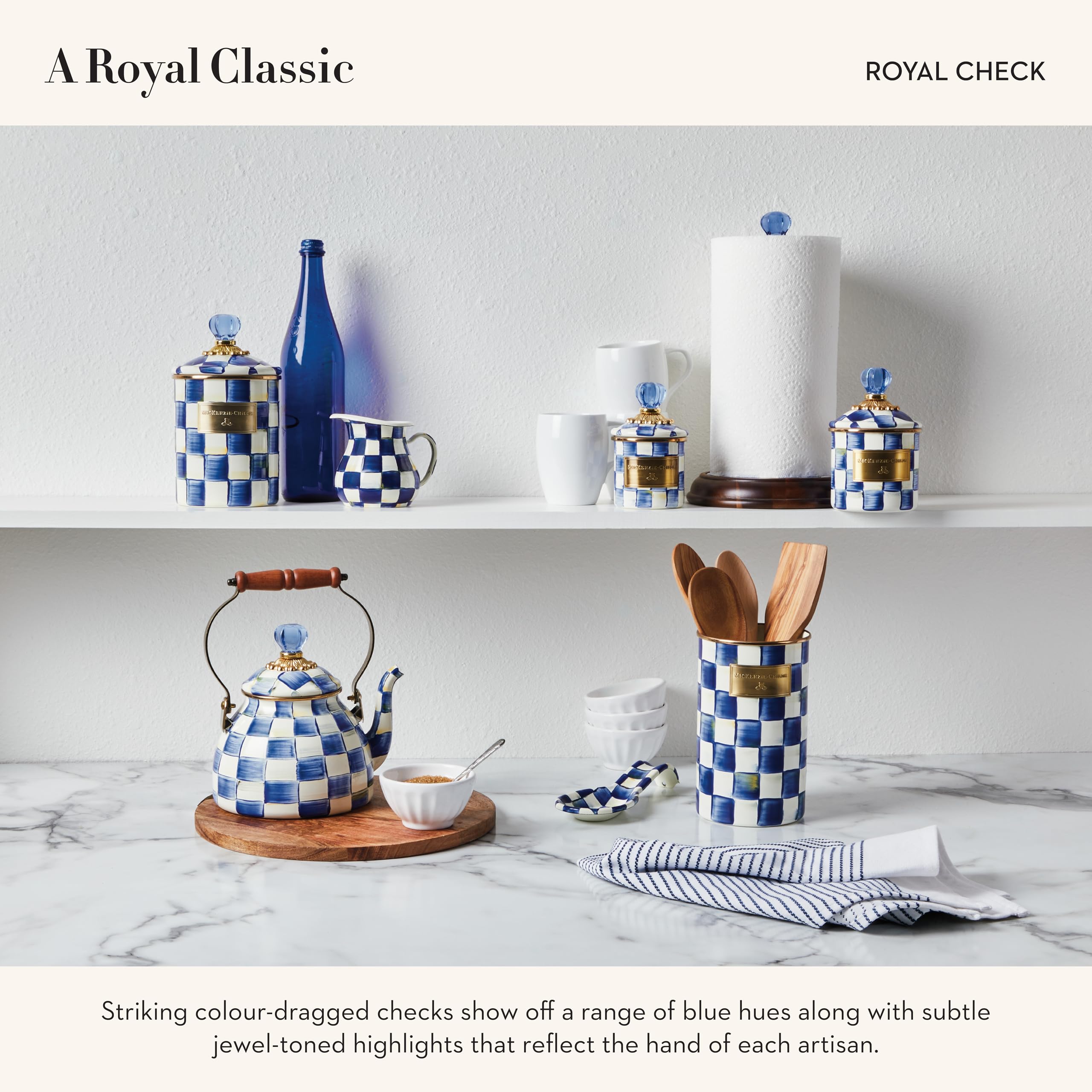 Mackenzie-Childs Small Enamel Canister - 1.13L Kitchen Storage Container for Flour, Sugar, Coffee & Dry Goods - Blue & White Royal Check Design - Perfect for Pantry Organization & Country Style Kitchen Decor