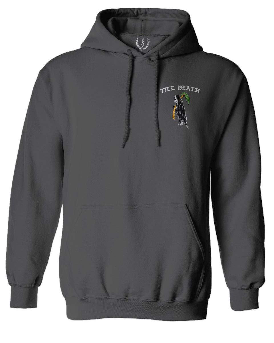 VICES AND VIRTUES Black Summer Palm Graphic Hoodie - Cool Bones Surf Style with 'Till Death' Design - Obei Society Streetwear for Beach Parties & Urban Fashion
