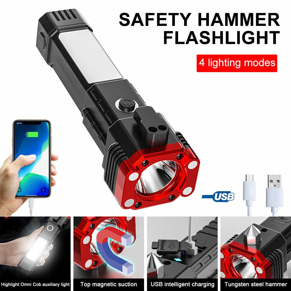 XML Torch Rechargeable LED Flashlight - USB Battery Charger, Power Bank, Car Emergency Glass Hammer & Seat Belt Cutter - Camping, Hiking, Travel, Survival Kit Smart Gadget Tools (Multi-Color)