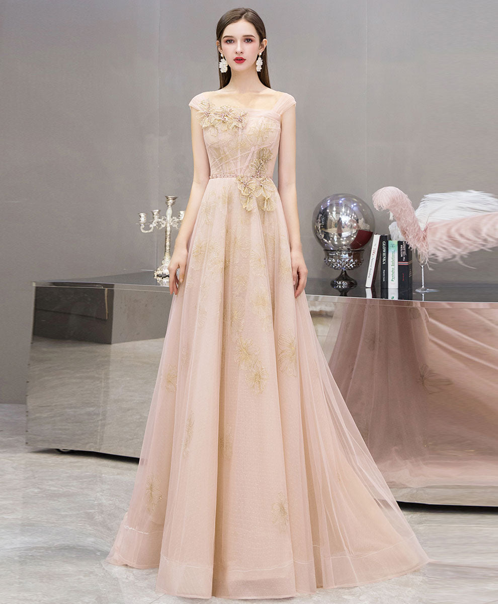 Elegant Pink Tulle Lace Long Prom Dress with Floral Appliques - Formal Evening Gown for Homecoming, Quinceañera & Special Occasions