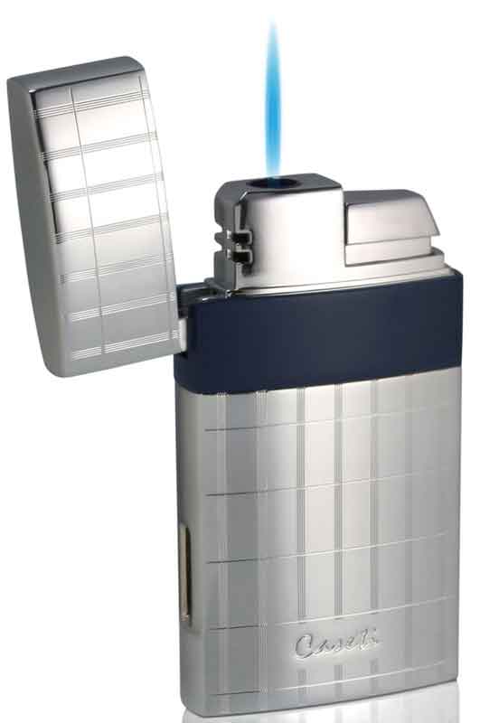 Premium Caseti Troy Polished Chrome Blue Single Flame Torch Lighter - Windproof Refillable Butane Lighter for Cigars, Candles & Outdoor Use