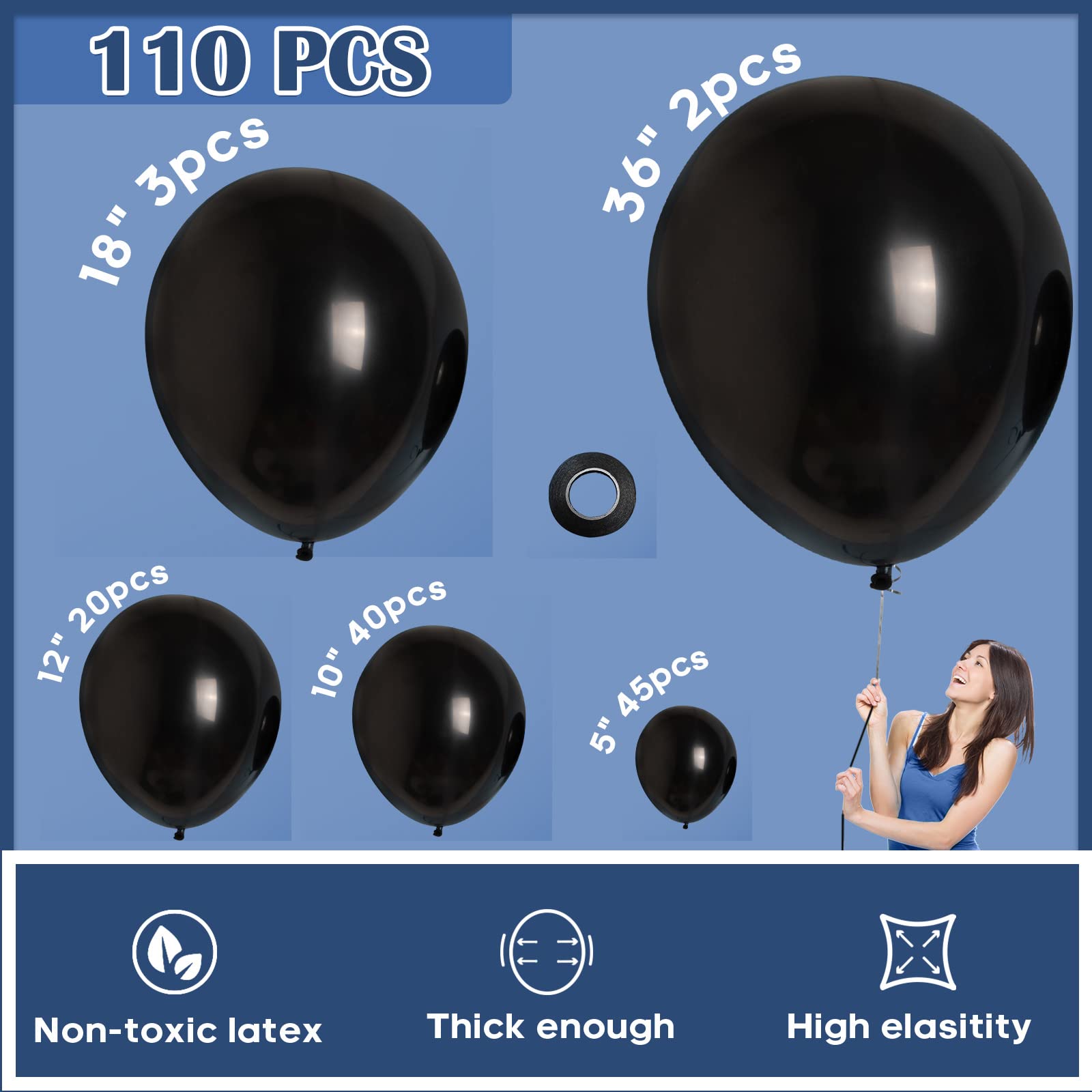 Styirl Black Balloons Arch Kit - 110 pcs 36/18/12/10/5 Inch Latex Party Balloons for Birthday, Christmas, Graduation, Gender Reveal & Baby Shower Decorations - Perfect for Indoor & Outdoor Party Decor