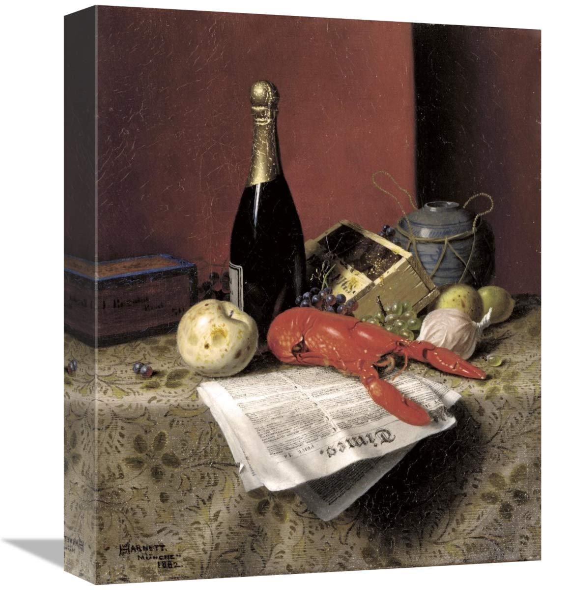 16 Inch William Michael Harnett Still Life Art Print - Lobster, Fruit, Champagne & Newspaper | Vintage Kitchen Decor, Dining Room Wall Art, Classic Home Decoration
