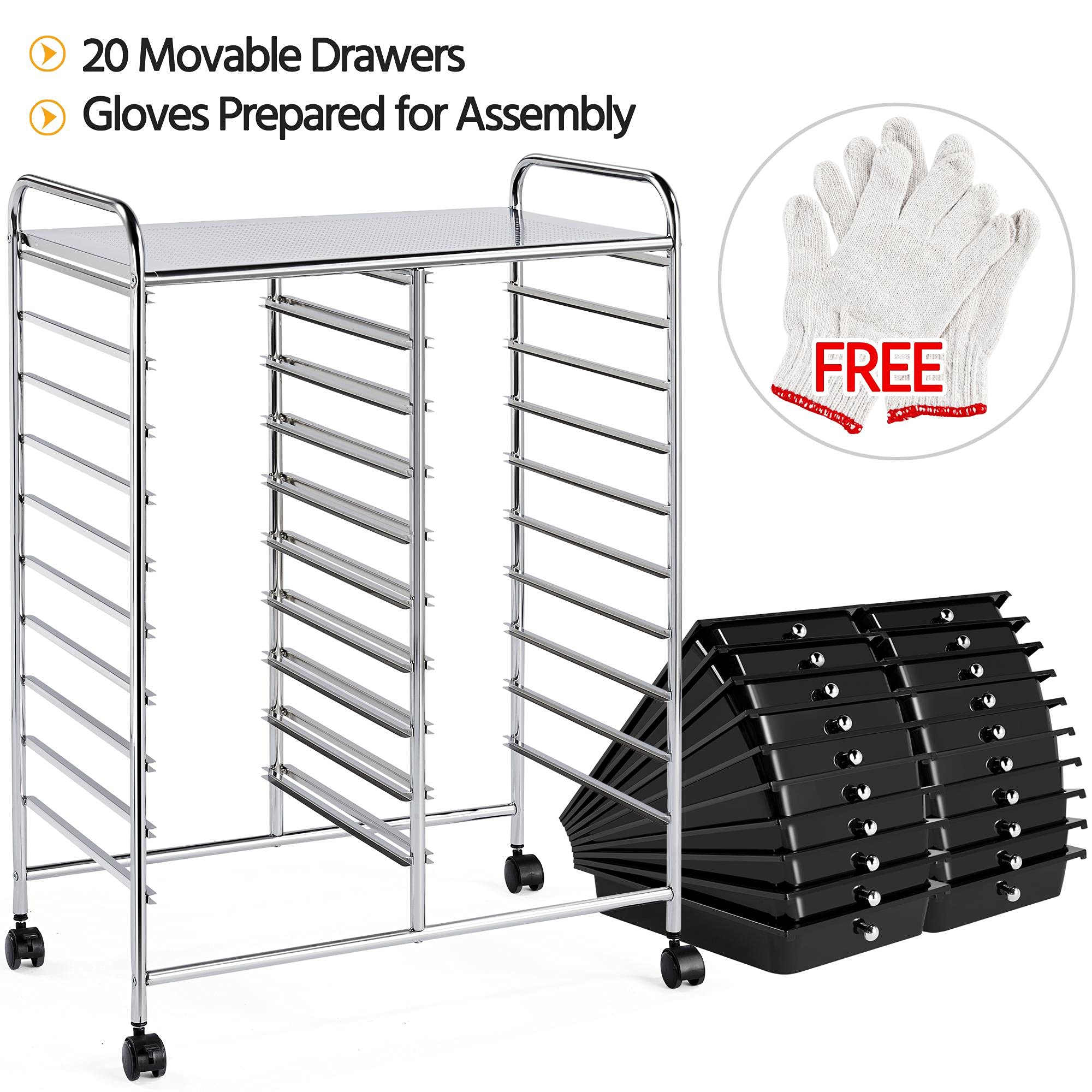 Topeakmart 20-Drawer Rolling Utility Cart - Plastic Storage Organizer with 360° Swivel Casters for Craft Room, Garage & Office - Black Mobile Craft Trolley