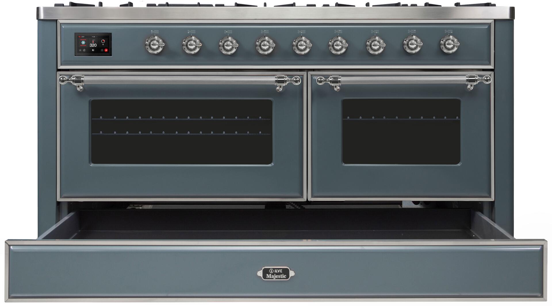 ILVE 60 Inch Majestic II Series Dual Fuel Natural Gas Range - 9 Sealed Burners with Griddle, 5.8 cu.ft Oven Capacity & TFT Display (UM15FDNS3) - Perfect for Professional Kitchens & Large Family Cooking