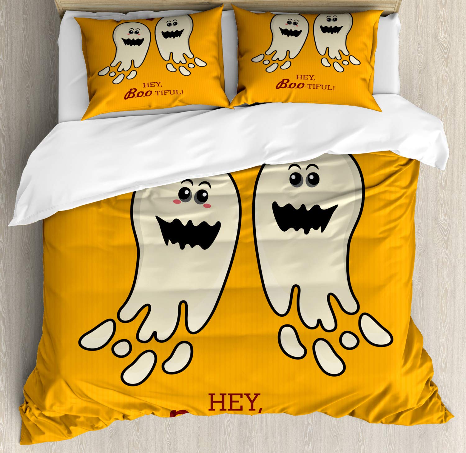 Ambesonne Halloween Duvet Cover Set - Funny Spooky Ghosts in Love Design, 3-Piece Queen Size Bedding with 2 Pillow Shams, Orange Eggshell Maroon | Perfect for Halloween Decor, Spooky Bedroom Makeover & Seasonal Home Decor