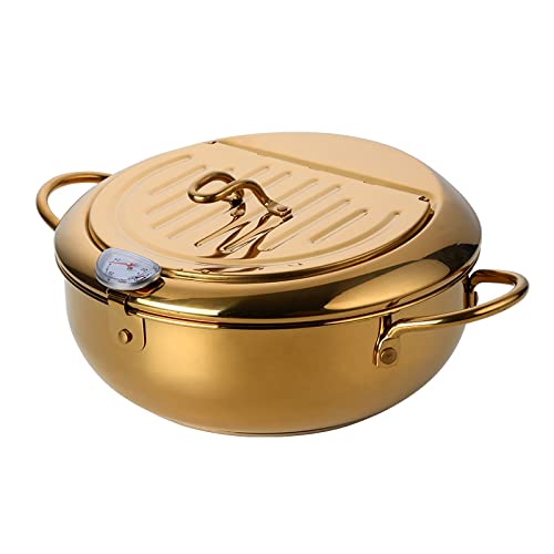 Stainless Steel Deep Fryer Pot with Thermometer - 1PC Kitchen Stock Pot for Tempura, Fried Chicken & Cooking - Gold Color - Perfect for Home Chefs & Restaurant Use