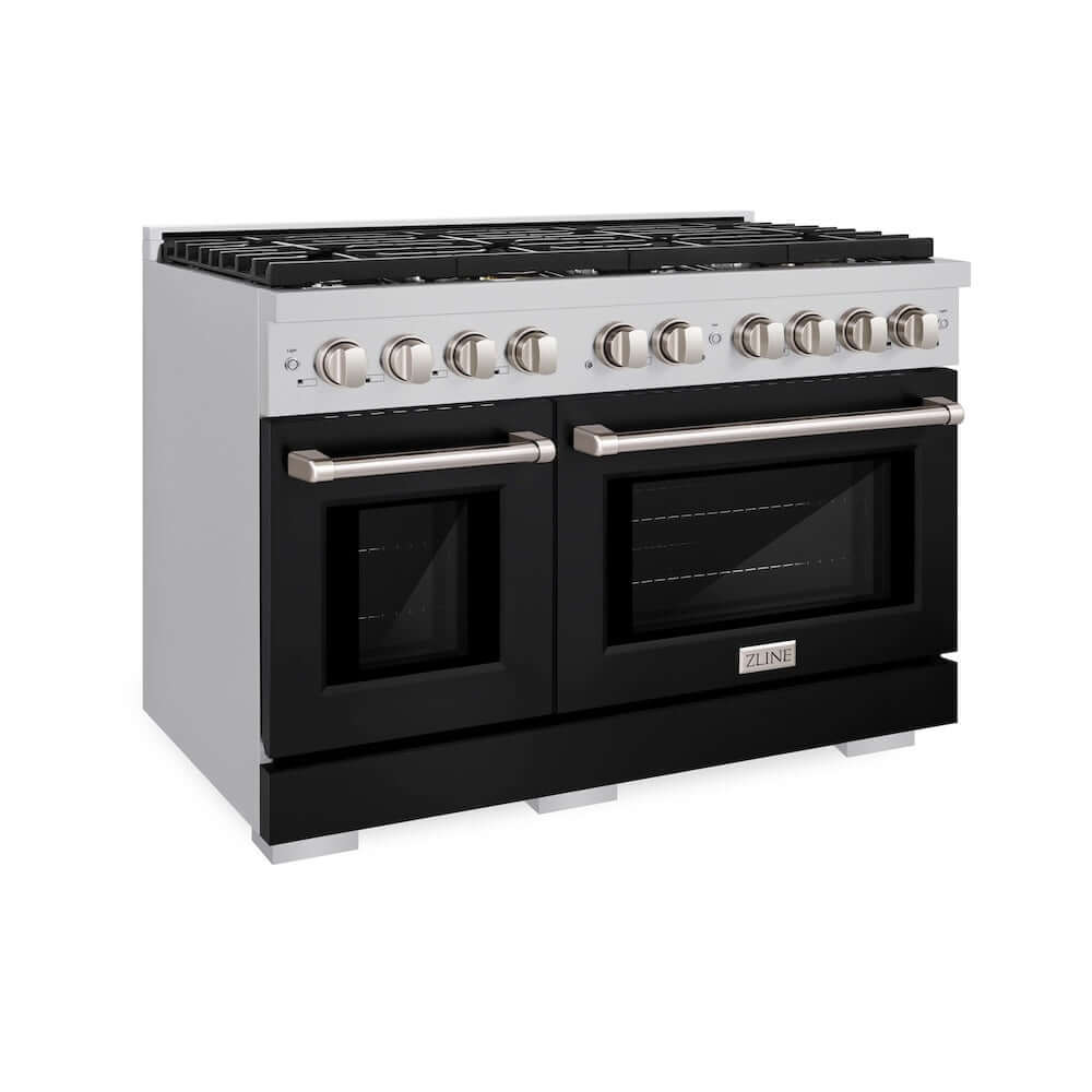 ZLINE 48-inch 6.7 cu. ft. Stainless Steel Dual Fuel Range - 8 Burner Gas Cooktop with Black Matte Doors (SDR BLM 48) | Professional Double Oven for Home Chefs & Large Family Cooking | Perfect for Holiday Meals, Entertaining & Gourmet Kitchen Upgrades