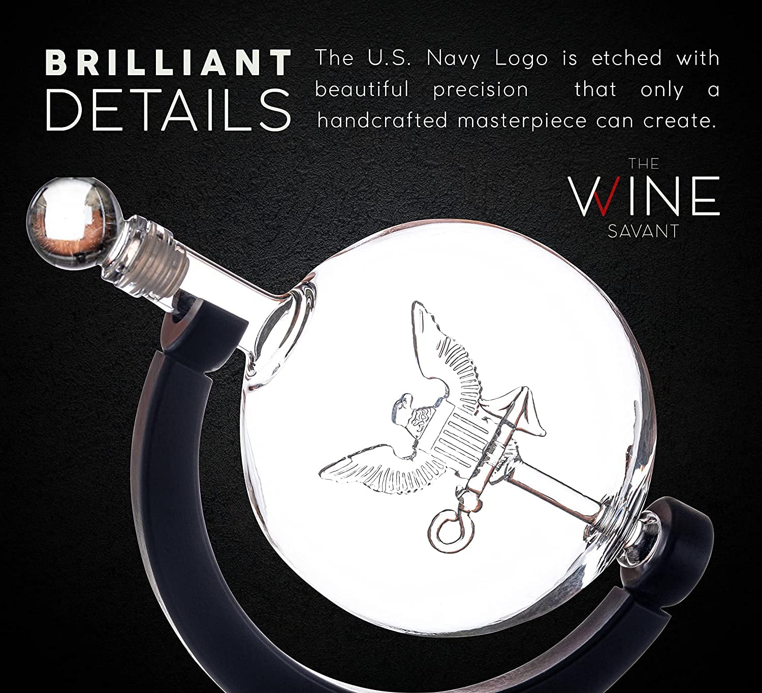 Premium U.S. Navy Globe Whiskey Decanter Set with 4 Crystal Glasses & 9 Whiskey Stones - Veteran Gift Box with Wooden Base - Patriotic Military Bourbon Scotch Gifts for Men, Dad - Perfect for Home Bars, Man Caves & Navy Themed Parties